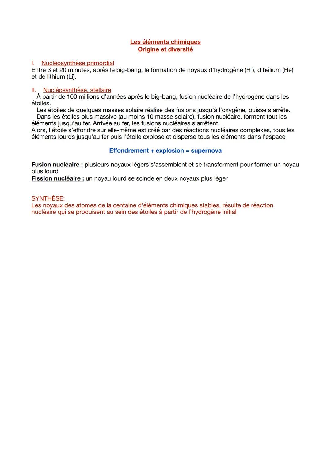 # Les éléments chimiques
## Origine et diversité

I. Nucléosynthèse primordial

Entre 3 et 20 minutes, après le big-bang, la formation de no