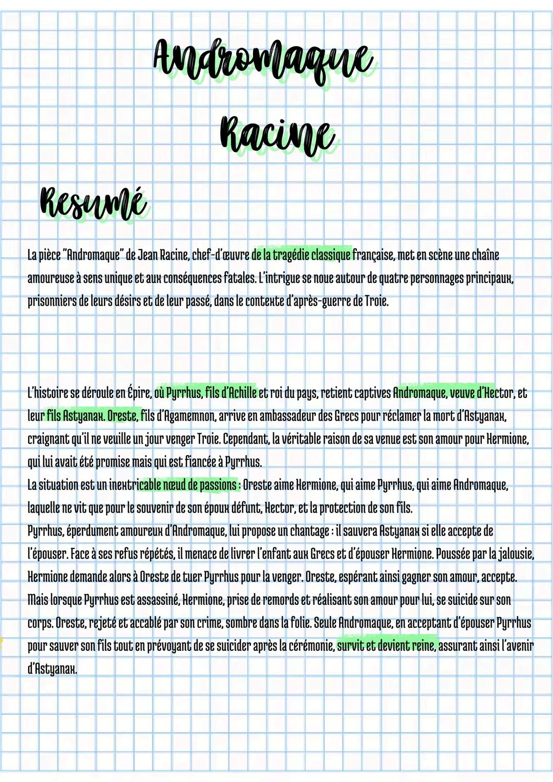 Andromaque
Racine
Resumé
La pièce "Andromaque" de Jean Racine, chef-d'œuvre de la tragédie classique française, met en scène une chaîne
amou