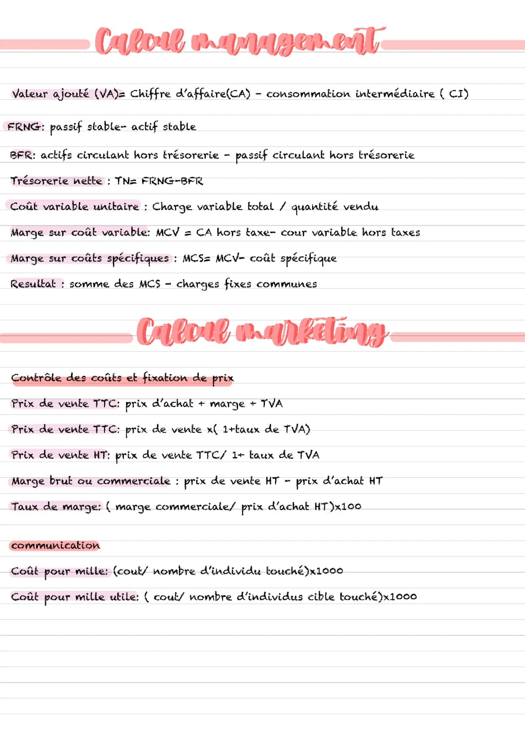 Fiche Révision Management Terminale STMG PDF: Toutes les Formules de Calcul