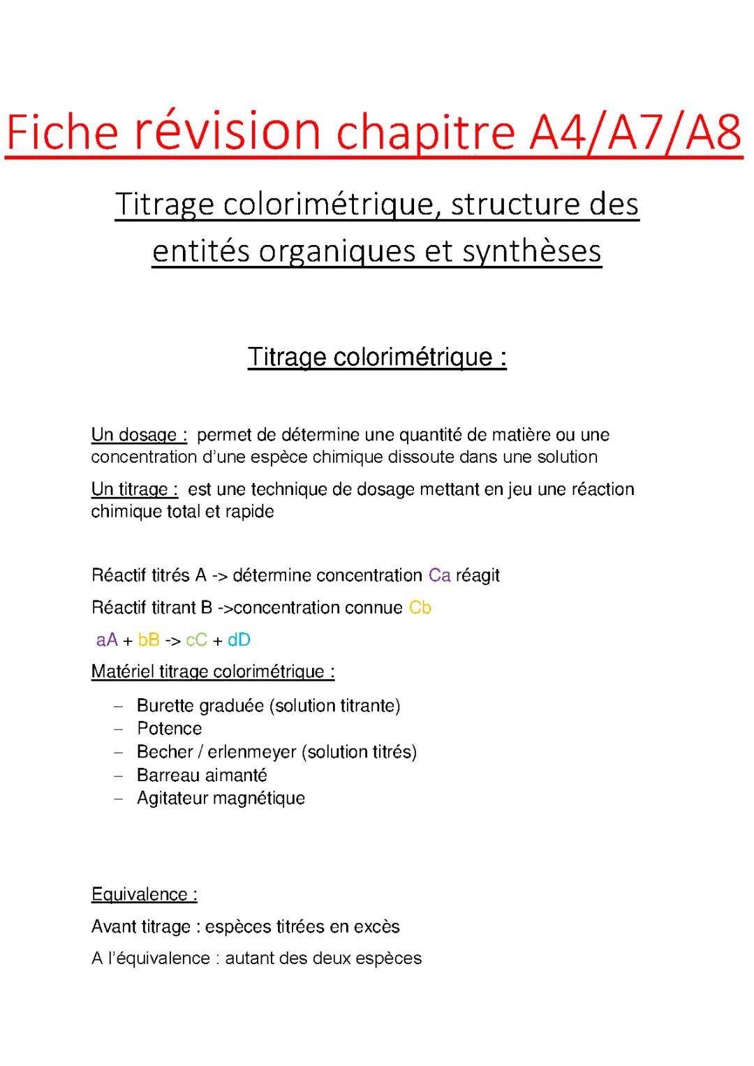 Exercices corrigés de titrage colorimétrique et structure des entités organiques