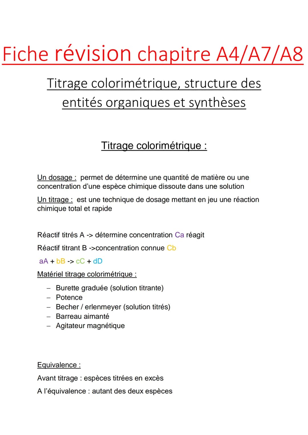
<p>Un dosage colorimétrique permet de déterminer une quantité de matière ou une concentration d'une espèce chimique dissoute dans une solut