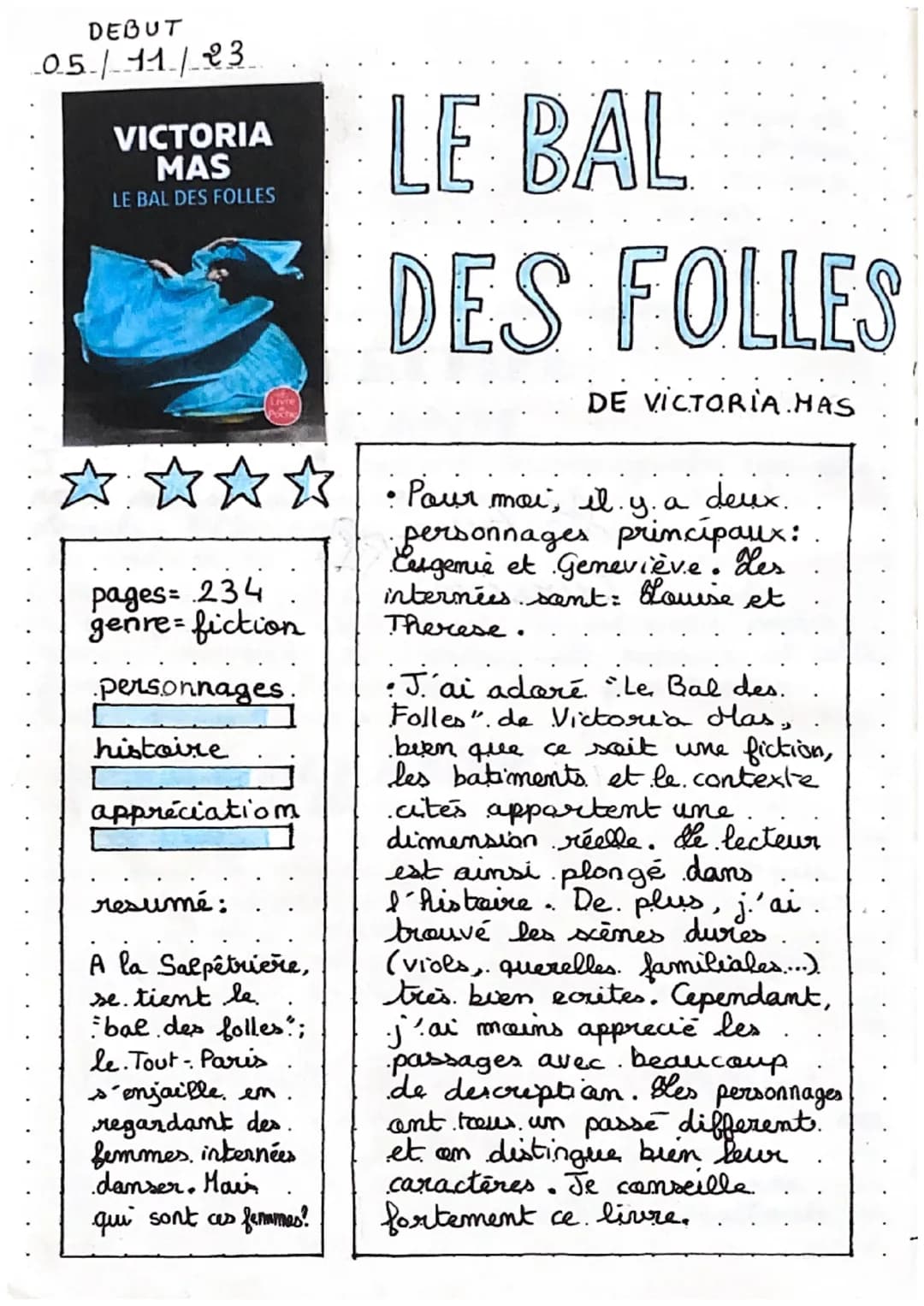 DEBUT
05/11/23
VICTORIA
MAS
LE BAL DES FOLLES
pages= 234
genre=fiction
personnages
histoire
appreciation
resumé:
A la Salpêtrière,
se. tient
