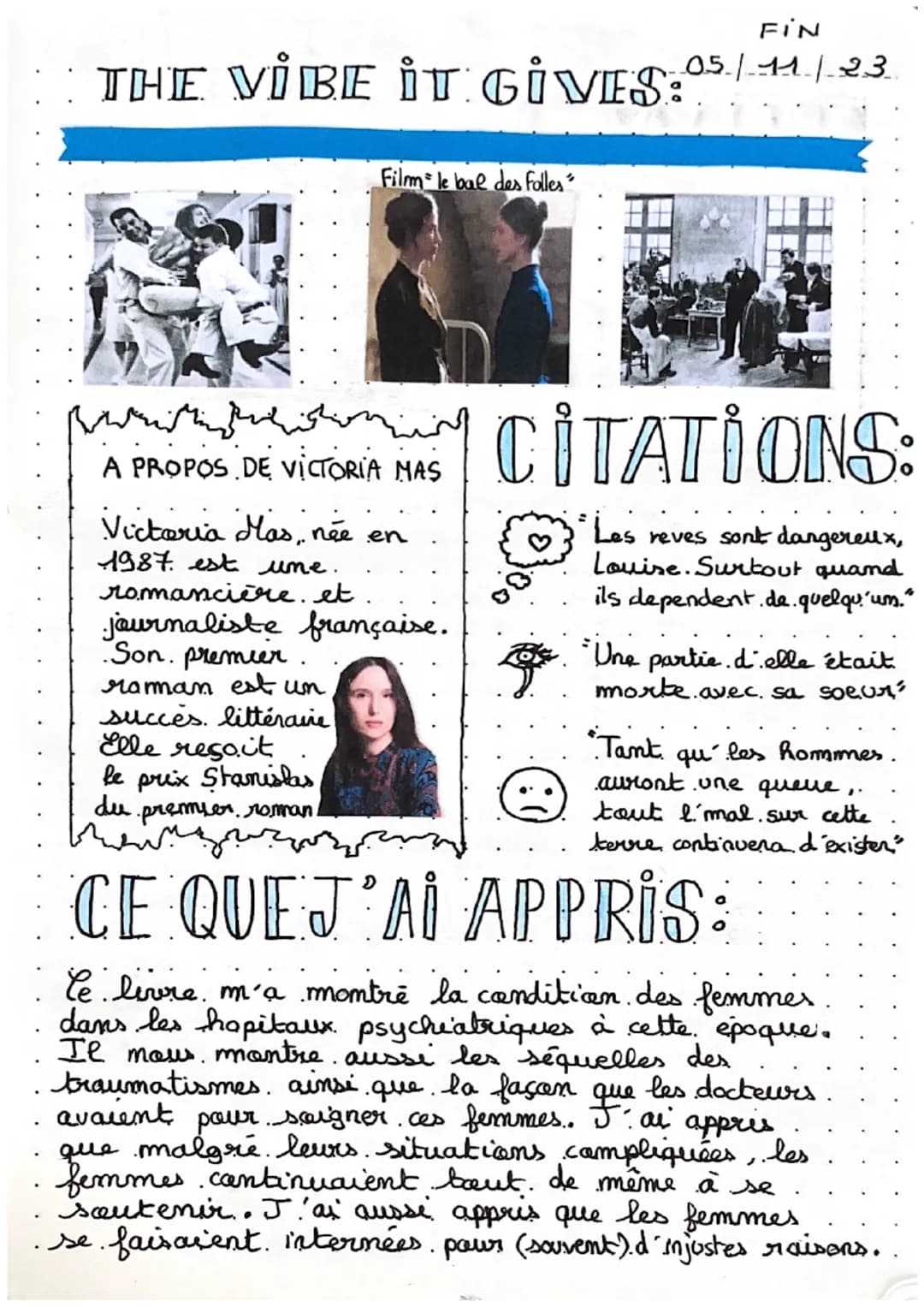 DEBUT
05/11/23
VICTORIA
MAS
LE BAL DES FOLLES
pages= 234
genre=fiction
personnages
histoire
appreciation
resumé:
A la Salpêtrière,
se. tient