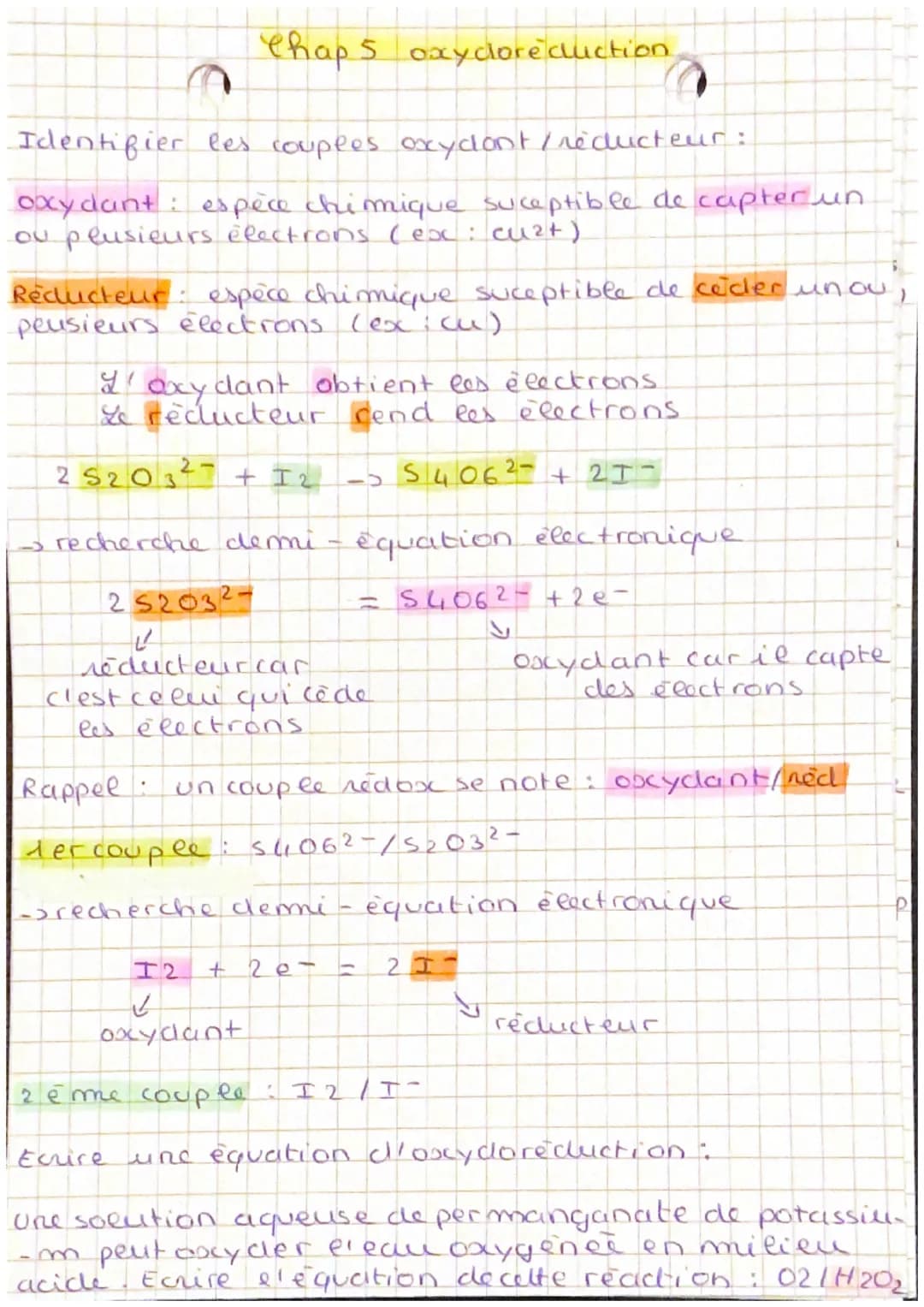 Chap 5 oxycore cluction
Identifier les couples oxycont/réducteur:
oxydant: espèce chimique suceptible de capter un
ou plusieurs électrons (e