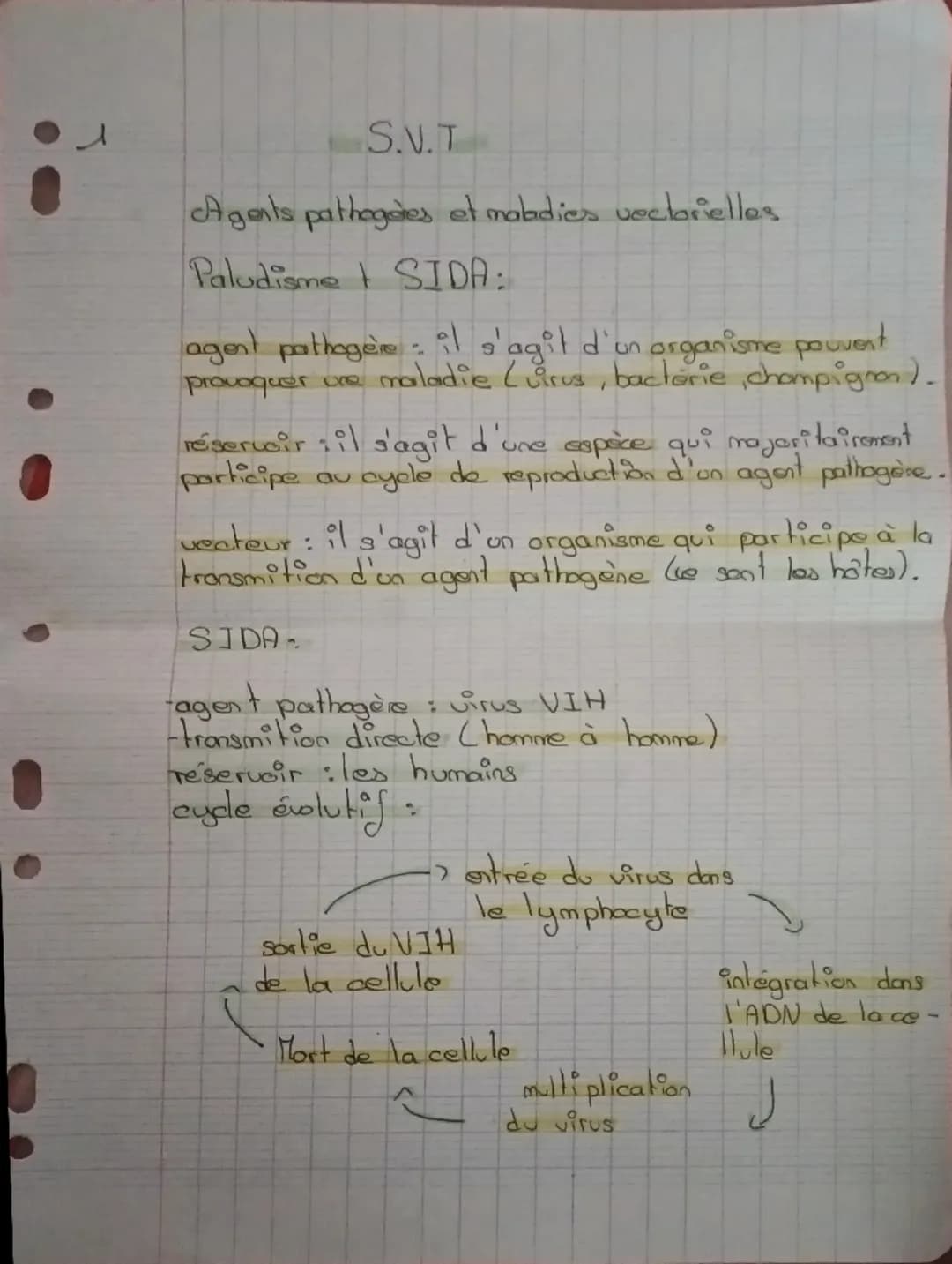 S.V.T
Agents pathogares et maladies vectorielles
Paludisme SIDA:
agent pathogere il s'agit d'un organisme pouvent
maladie (virus, bacterie, 