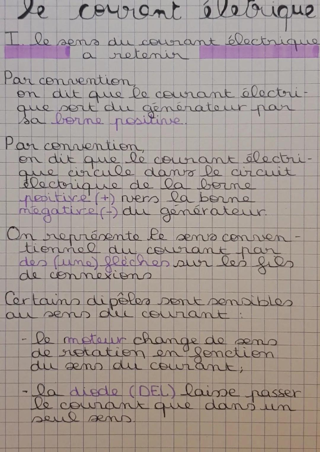 # le courent élebrique

I. le sens du courant électrique
a retenir

Par convention
on dit que le courant électri-
que sort du générateur par