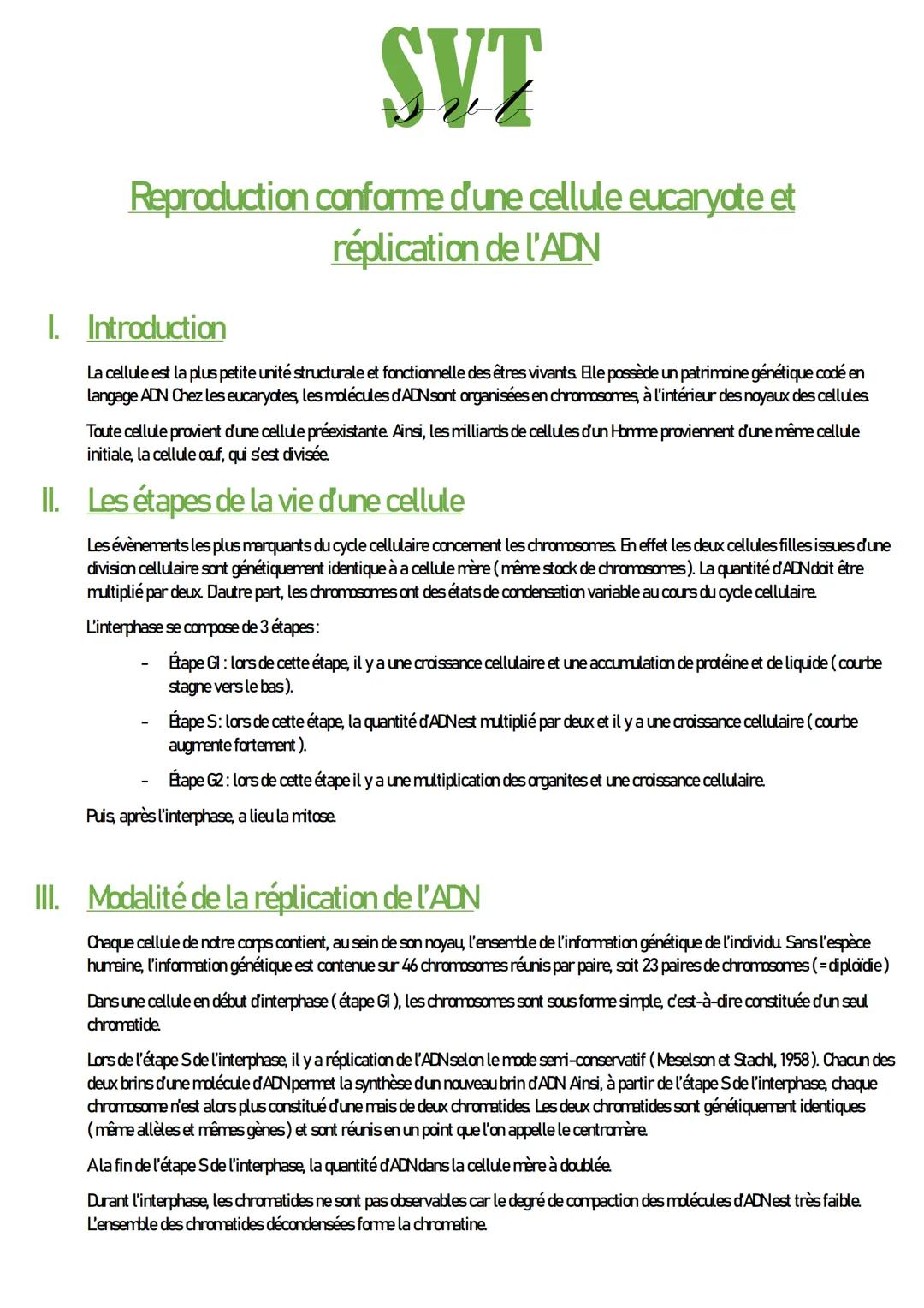 SVT
Reproduction conforme d'une cellule eucaryote et
réplication de l'ADN
I. Introduction
La cellule est la plus petite unité structurale et