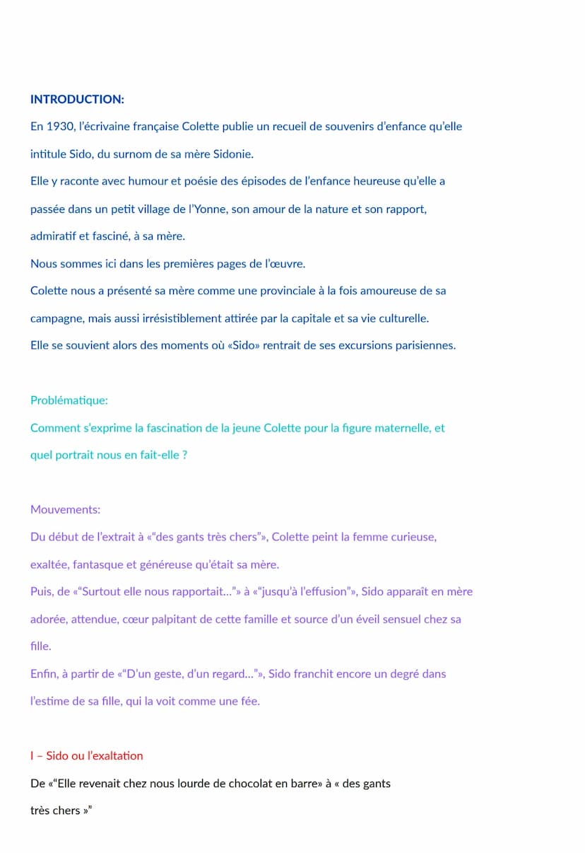 Sido suivi de Les vrilles de la
vigne
Texte à étudier:
Elle revenait chez nous lourde de chocolat en barre, de denrées exotiques et
d'étoffe