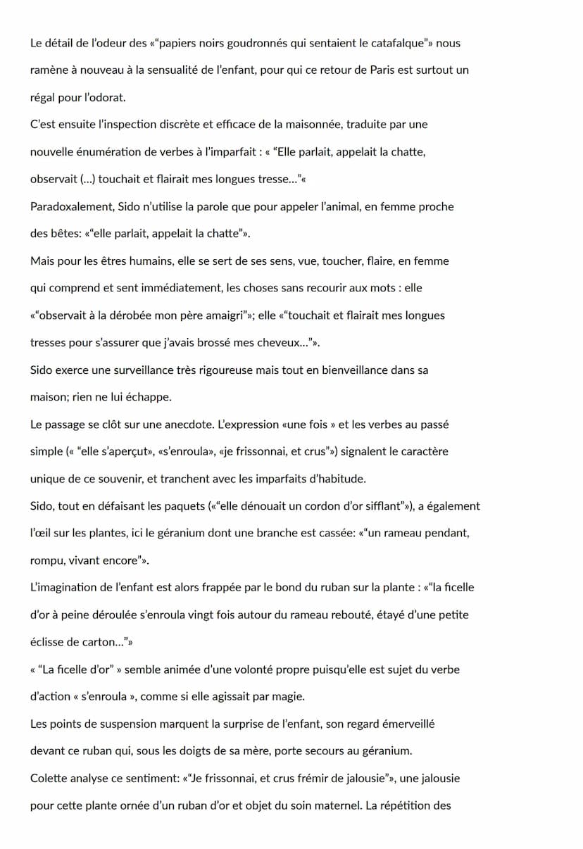 Sido suivi de Les vrilles de la
vigne
Texte à étudier:
Elle revenait chez nous lourde de chocolat en barre, de denrées exotiques et
d'étoffe