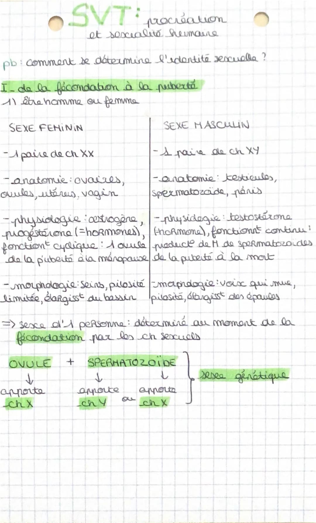 --- OCR Start ---
SVT: preciéation
et sesxialité heumaine
pb: comment se détermine l'identité sescualla?
I- de la fécondation à la puberta
1