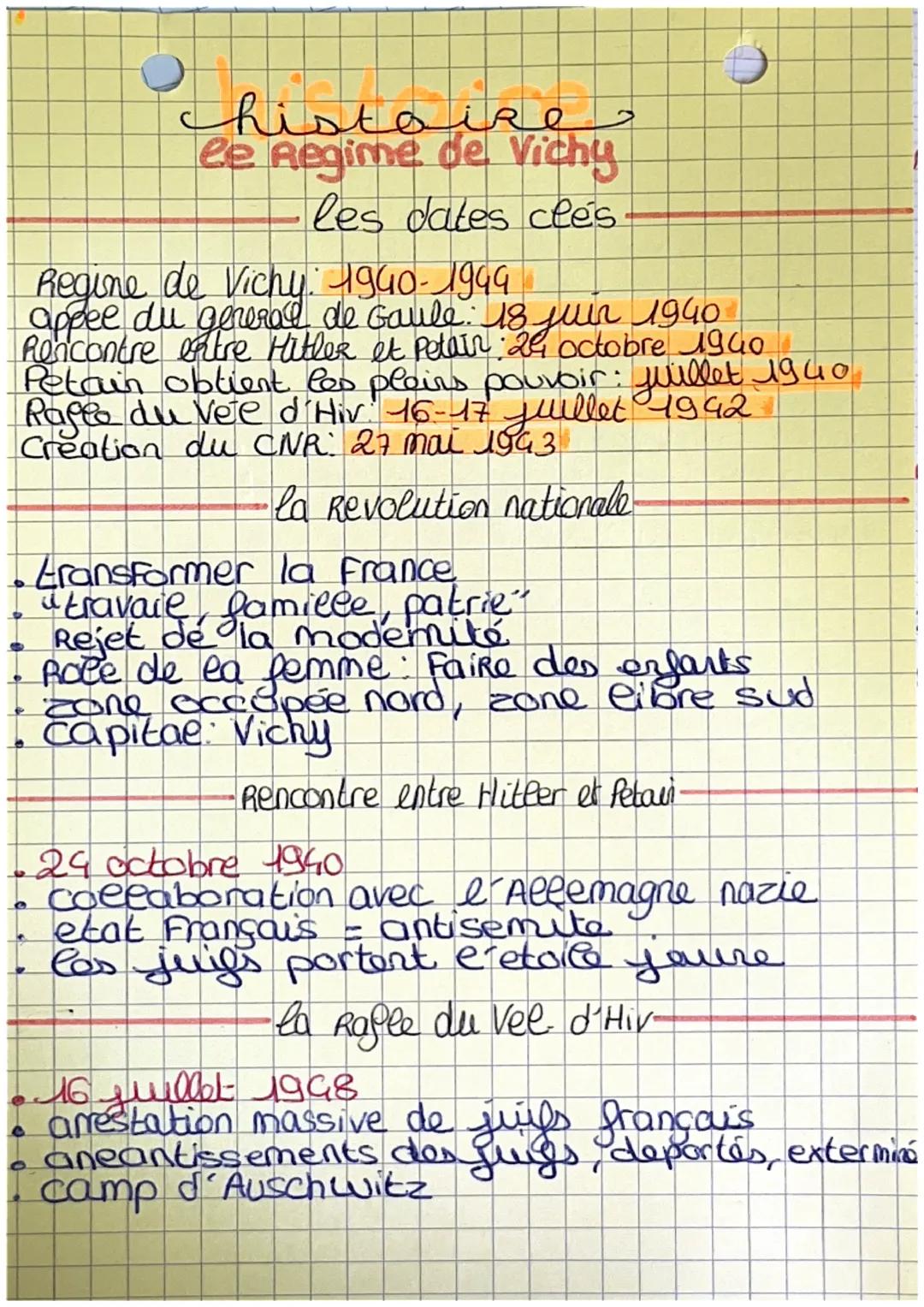 # chistoire
ee Regime de Vichy

les dates clés

Regine de Vichu: 1940-1949
appee du general de Gaule 18 juur 1940
Rencontre entre Hitler et 