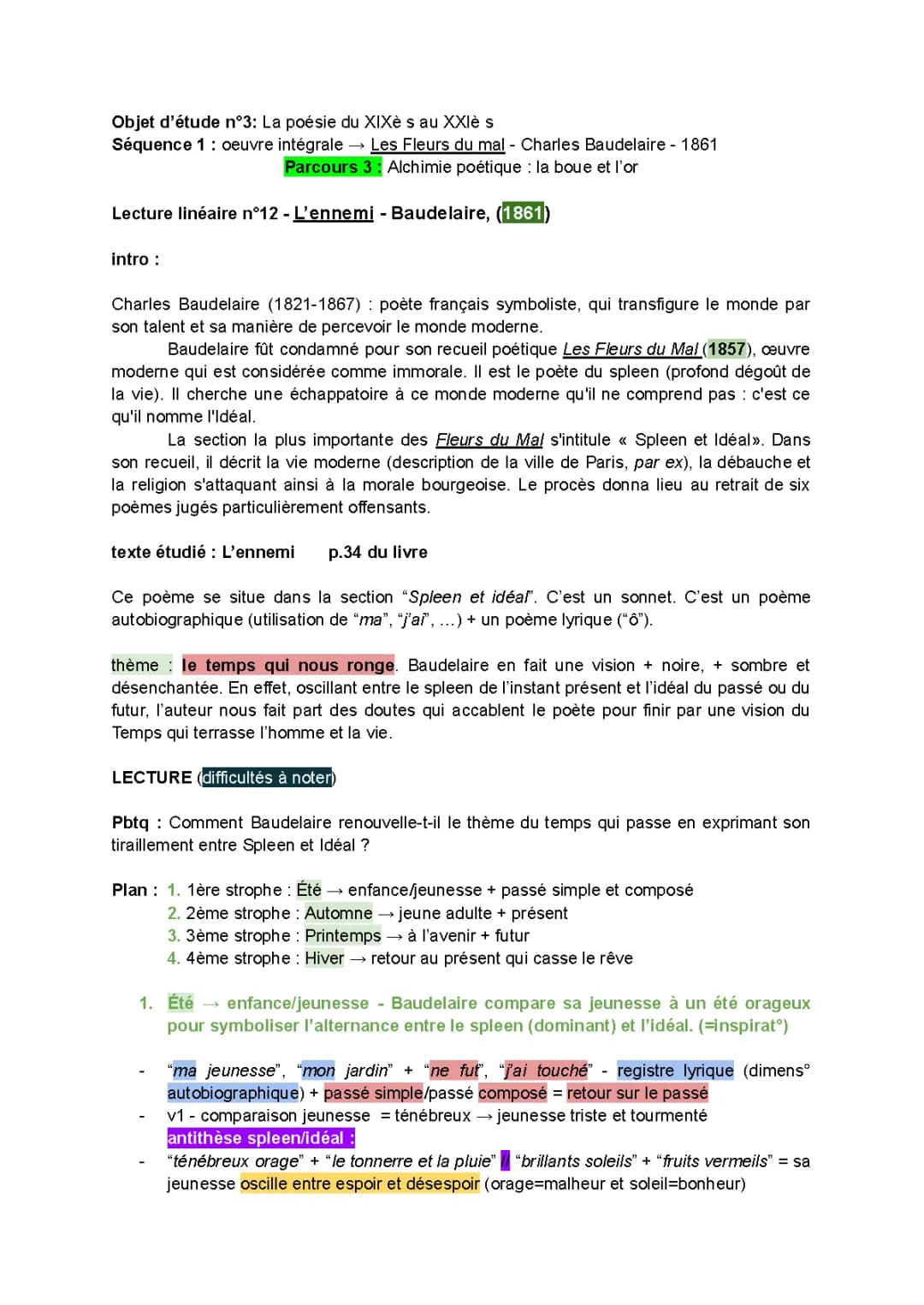 Analyse du poème 'L’Ennemi' de Baudelaire - Résumé, Champs lexicaux, Alchimie poétique