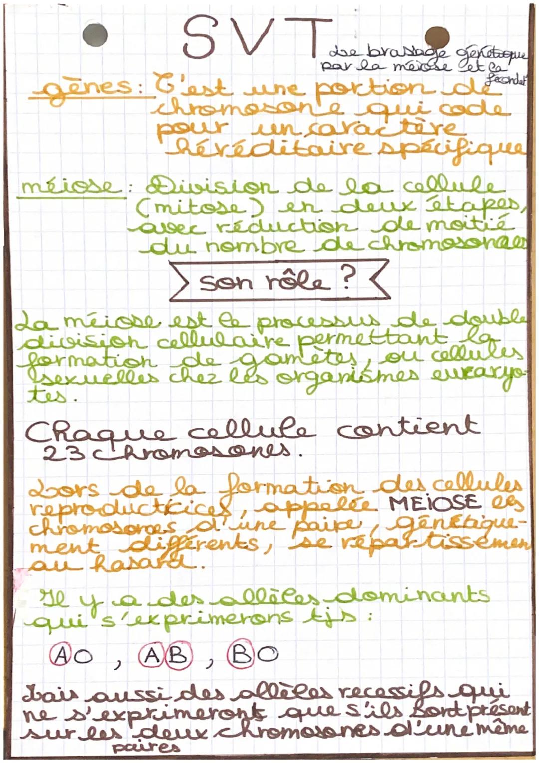 SVT
be brastage
par la meiose Pet Ca
astage genetroque
genes: C'est une portion de
chromosone qui code
pour un caractère
Théréditaire spécif