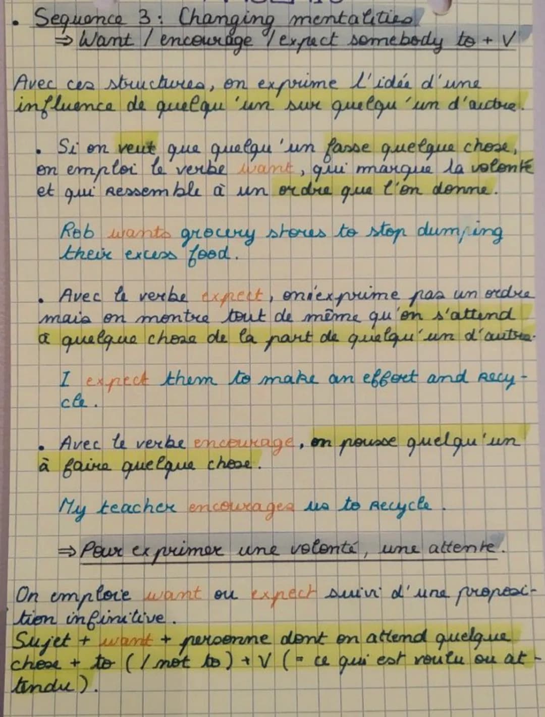 Sequence 3: Changing mentalities.
→ Want / encourage / expect somebody to + V
Avec ces structures, on exprime l'idée d'une
influence de quel