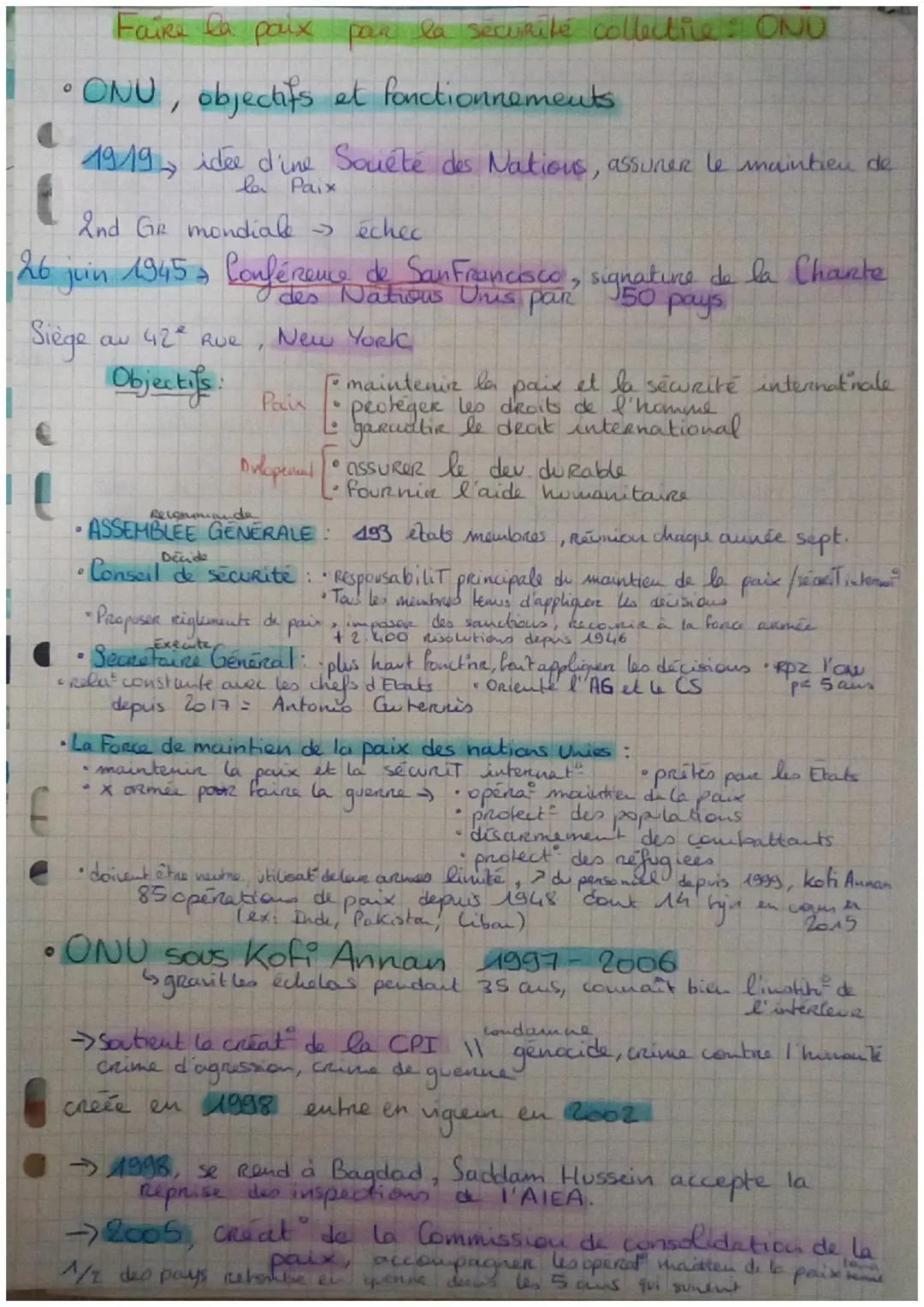 Faire la paix par la sécurité collective: ONU
•ONU, objectifs et fonctionnements
1919 idée d'ine Société des Nations, assurer le maintien de