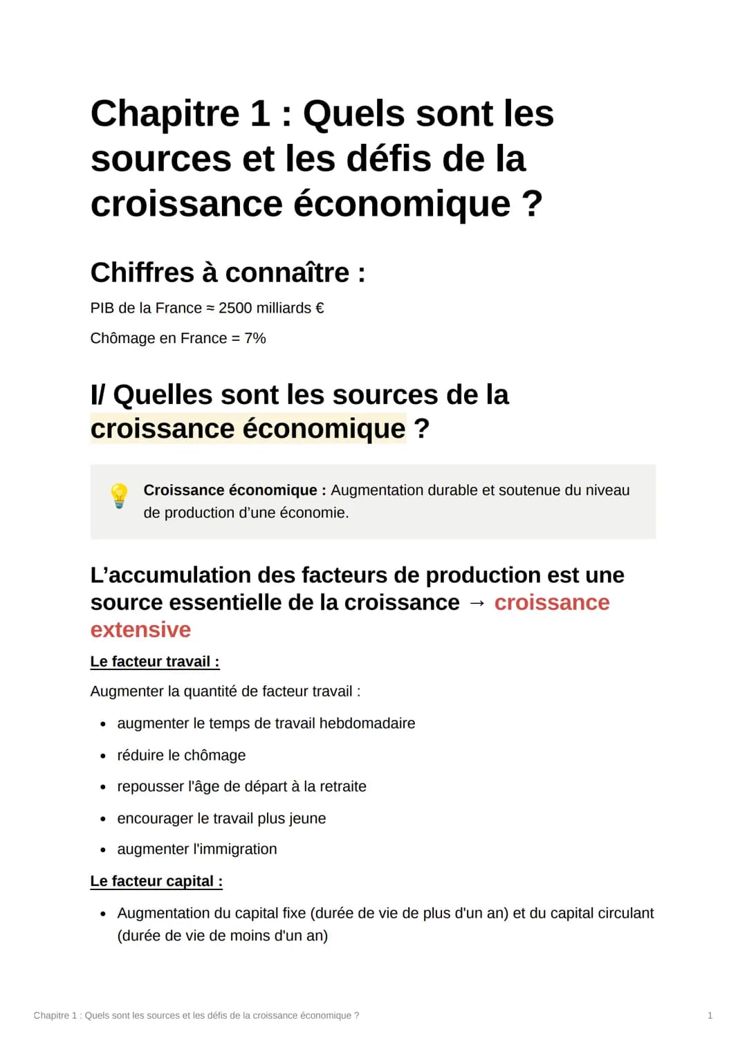 Chapitre 1 : Quels sont les
sources et les défis de la
croissance économique ?
Chiffres à connaître :
PIB de la France = 2500 milliards €
Ch