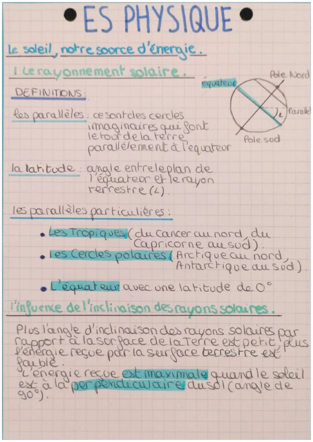 ⚫ES PHYSIQUE
Le soleil, notre source d'énergie.
I Le rayonnement solaire.
DEFINITIONS:
les parallèles: ce sontcles cercles
Pole Nord
equate 