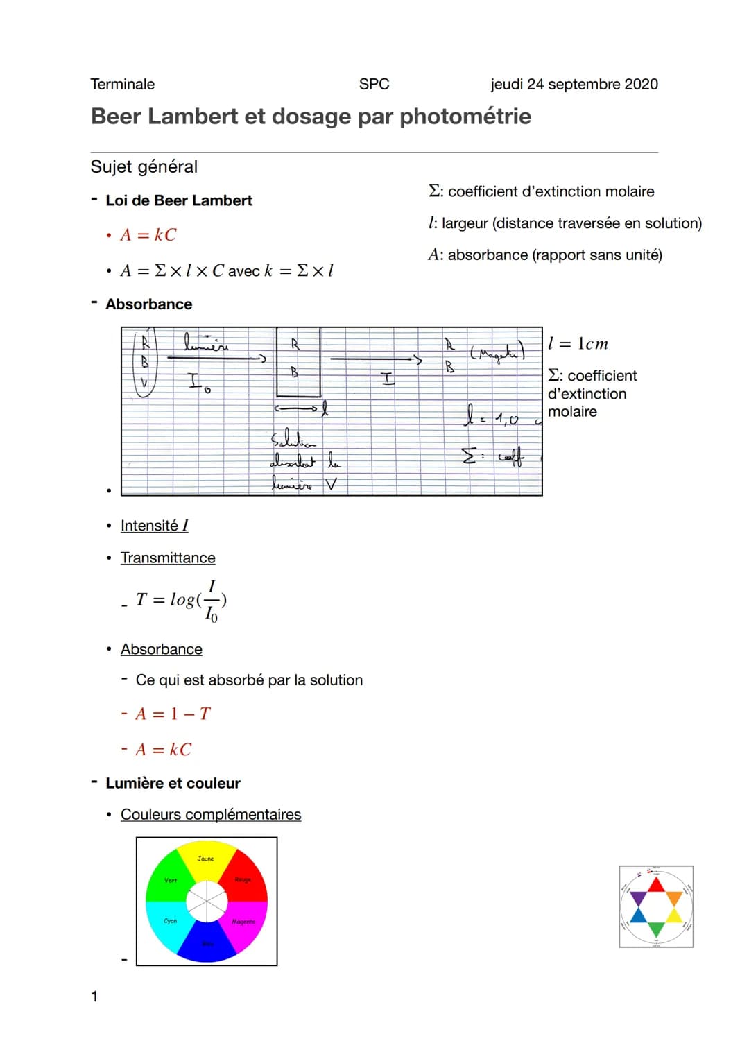 Terminale
SPC
Beer Lambert et dosage par photométrie
Sujet général
- Loi de Beer Lambert
• A =kC
• A = Σ×ix C avec k = ΣΧΙ
- Absorbance
1
●
