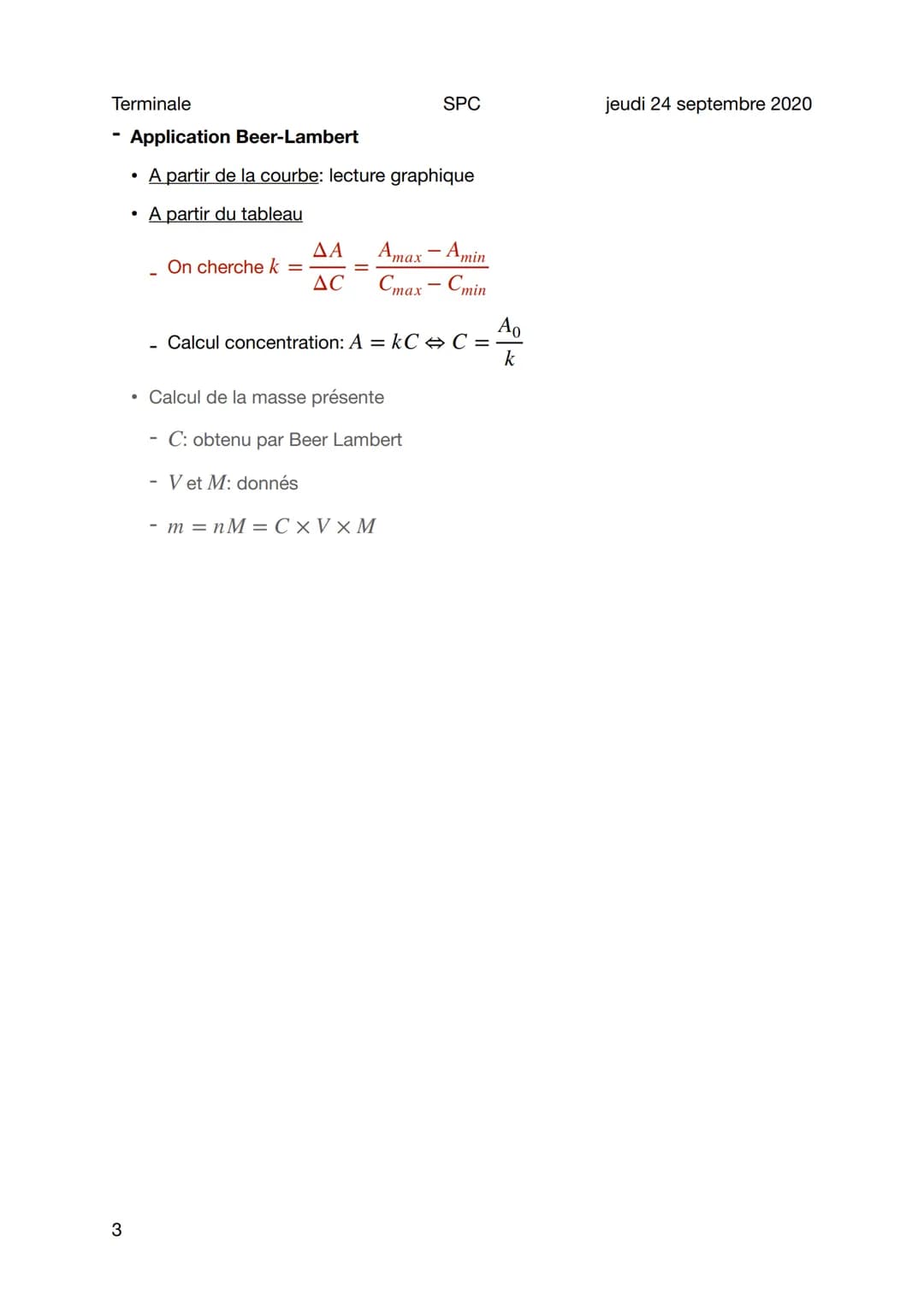 Terminale
SPC
Beer Lambert et dosage par photométrie
Sujet général
- Loi de Beer Lambert
• A =kC
• A = Σ×ix C avec k = ΣΧΙ
- Absorbance
1
●
