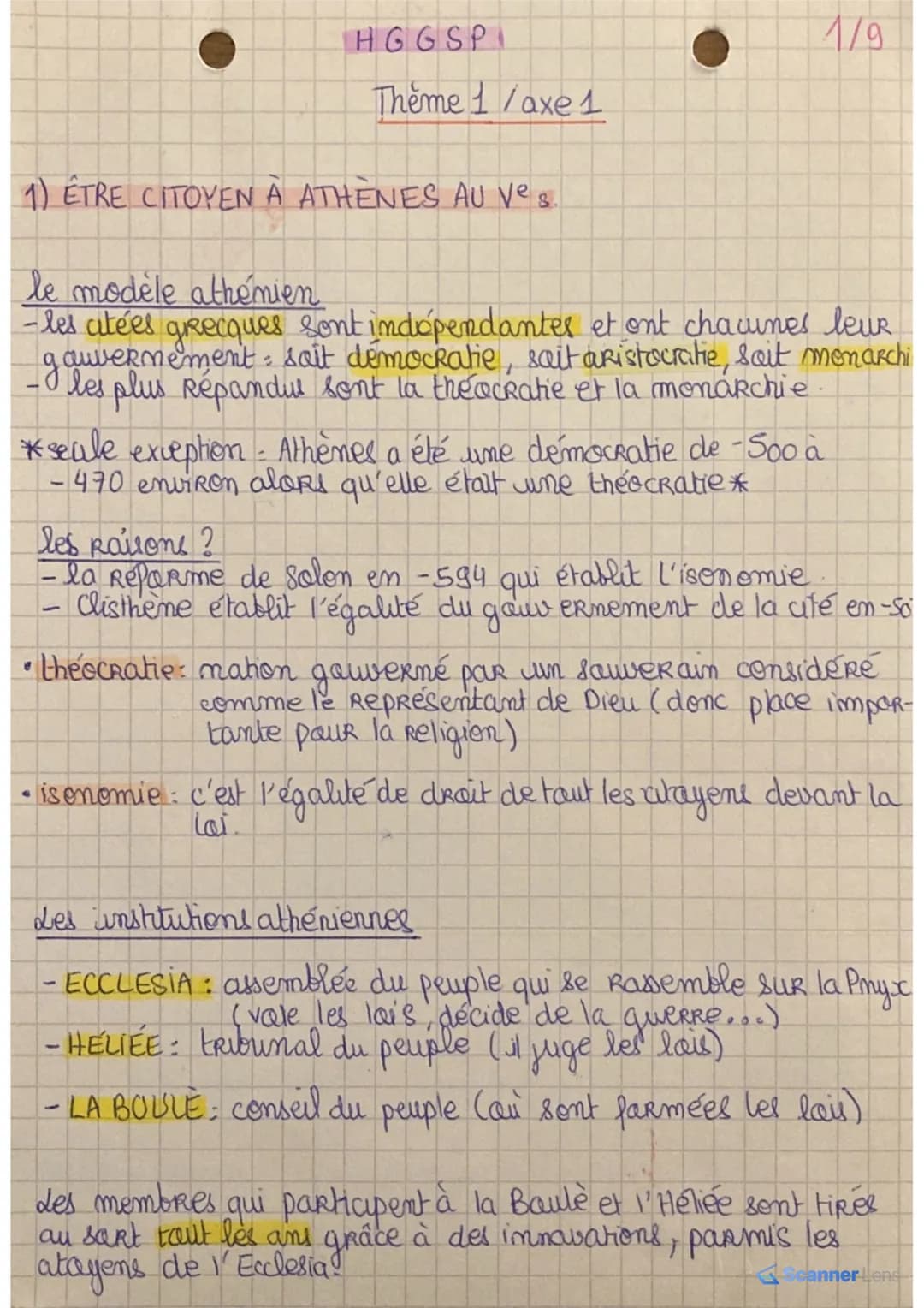 1) ETRE CITOYEN A ATHENES AU Ve s.
HGGSP
Thème 1/axe 1
le modele athenien
-les citées grecques sont indépendantes et ont chacunes leur
gawer