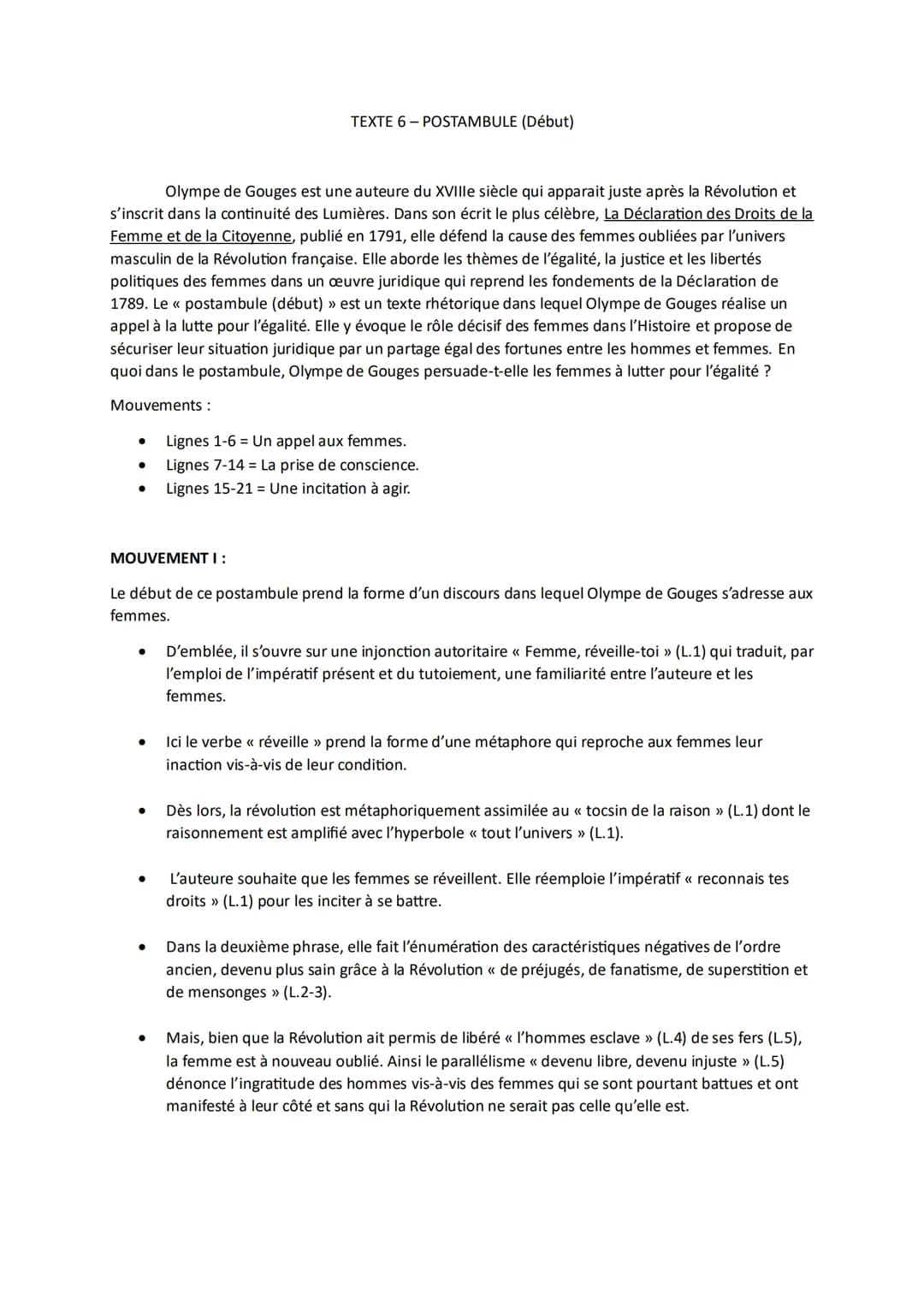 TEXTE 6-POSTAMBULE (Début)
Olympe de Gouges est une auteure du XVIIIe siècle qui apparait juste après la Révolution et
s'inscrit dans la con