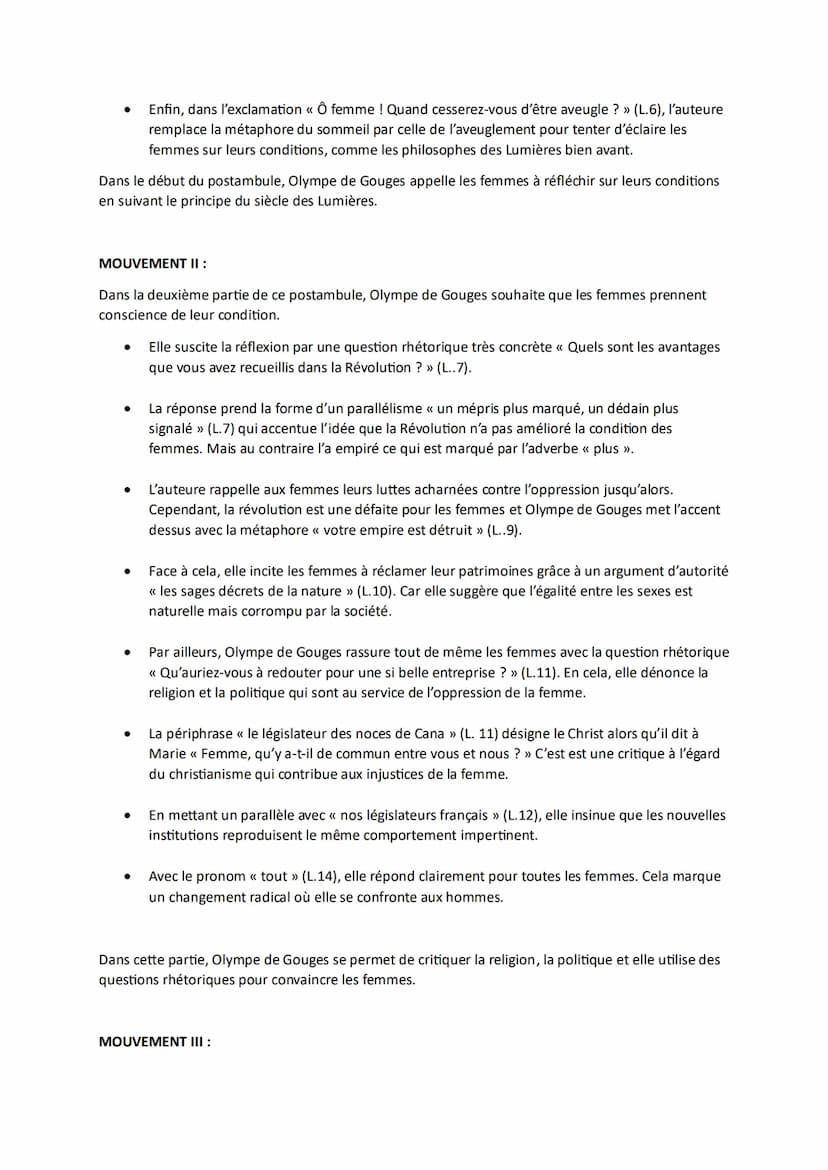 TEXTE 6-POSTAMBULE (Début)
Olympe de Gouges est une auteure du XVIIIe siècle qui apparait juste après la Révolution et
s'inscrit dans la con