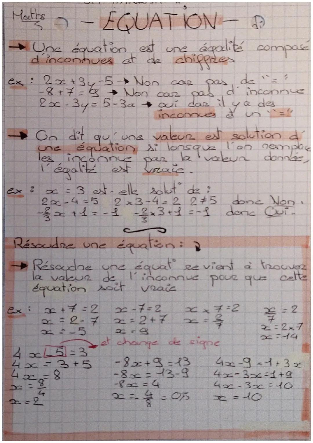 Maths - EQUATION-

→ Une équation est une égalité compase
d'inconnues et de chiffites

ex: 2x+3y-5 Non
cas
de="
Pasd inconnue
-8+7=68 Non ca