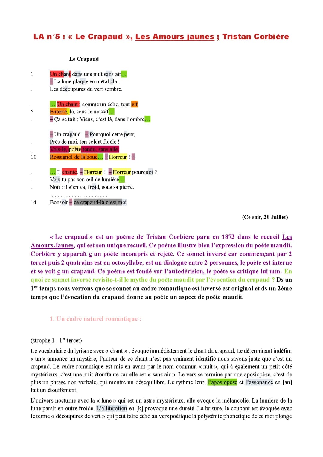 Analyse Linéaire du Poème Le Crapaud de Tristan Corbière