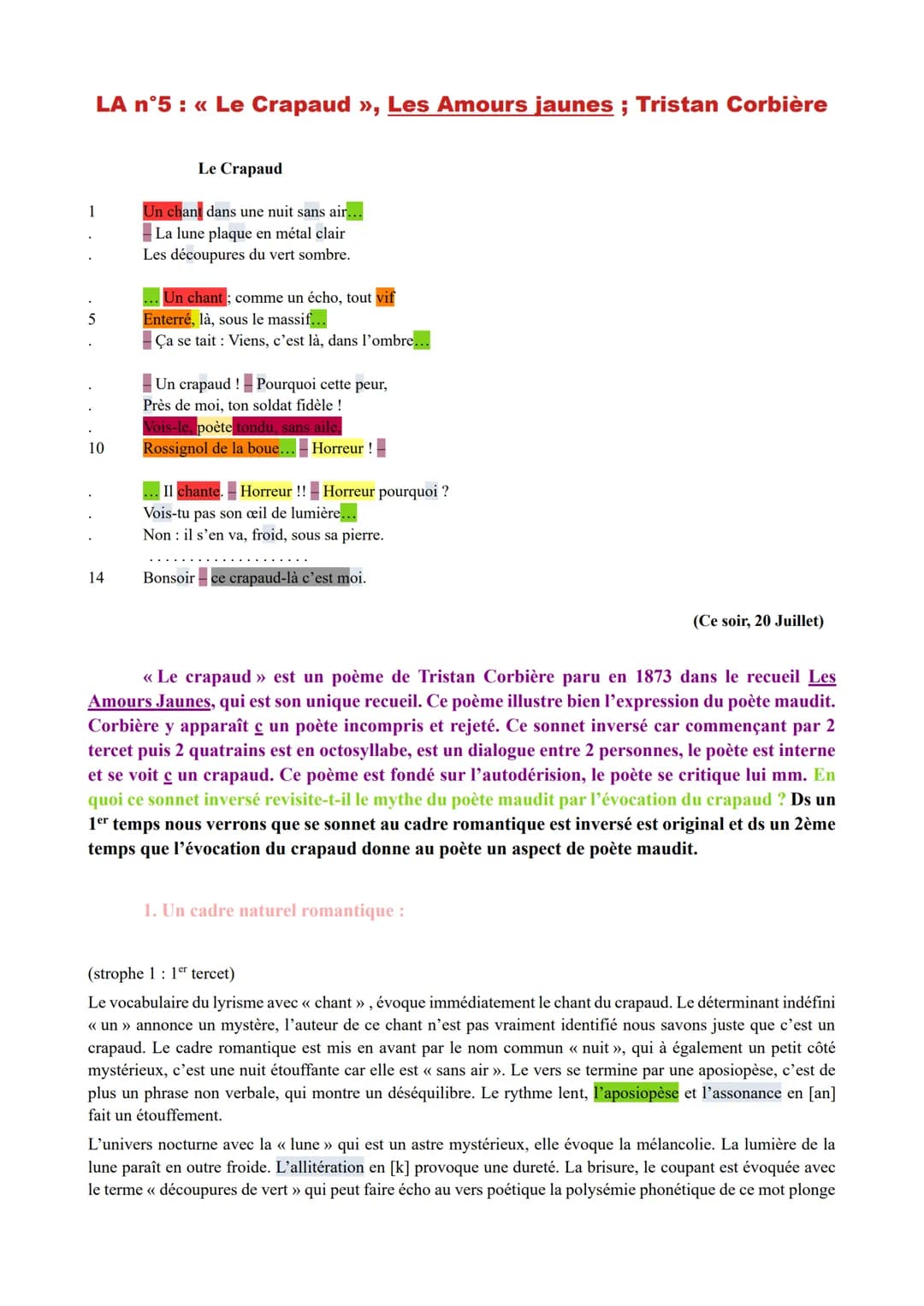 LA n°5 : « Le Crapaud », Les Amours jaunes ; Tristan Corbière
1
10
14
Le Crapaud
Un chant dans une nuit sans air...
La lune plaque en métal 