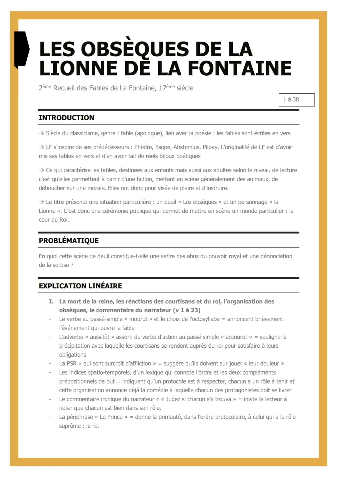 LES OBSÈQUES DE LA
LIONNE DE LA FONTAINE
2ème Recueil des Fables de La Fontaine, 17ème siècle
1 à 38
INTRODUCTION
→ Siècle du classicisme, g