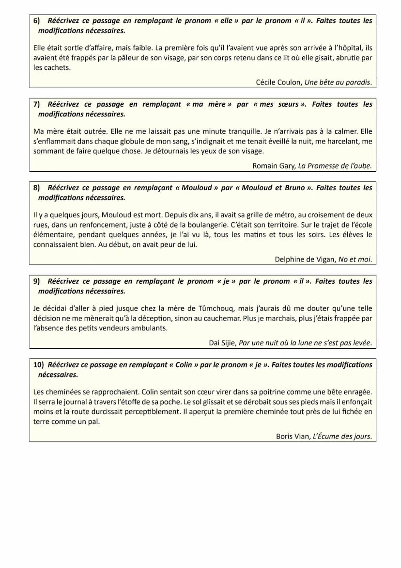 ★ Objectif brevet Réécriture : changement de personne
Exercices et corrigés
Exercices
1) Réécrivez ce passage en remplaçant le pronom «< nou