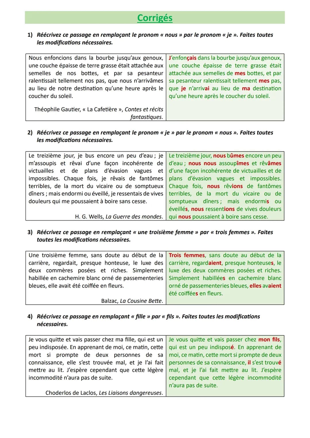 ★ Objectif brevet Réécriture : changement de personne
Exercices et corrigés
Exercices
1) Réécrivez ce passage en remplaçant le pronom «< nou