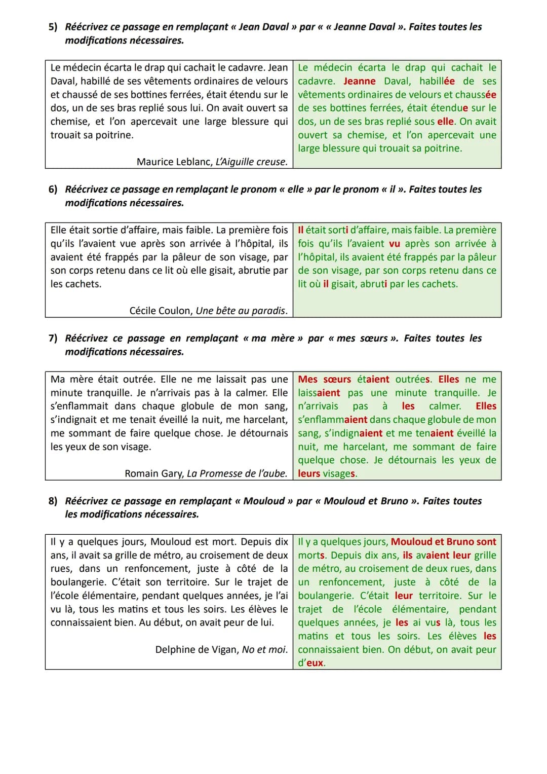 ★ Objectif brevet Réécriture : changement de personne
Exercices et corrigés
Exercices
1) Réécrivez ce passage en remplaçant le pronom «< nou