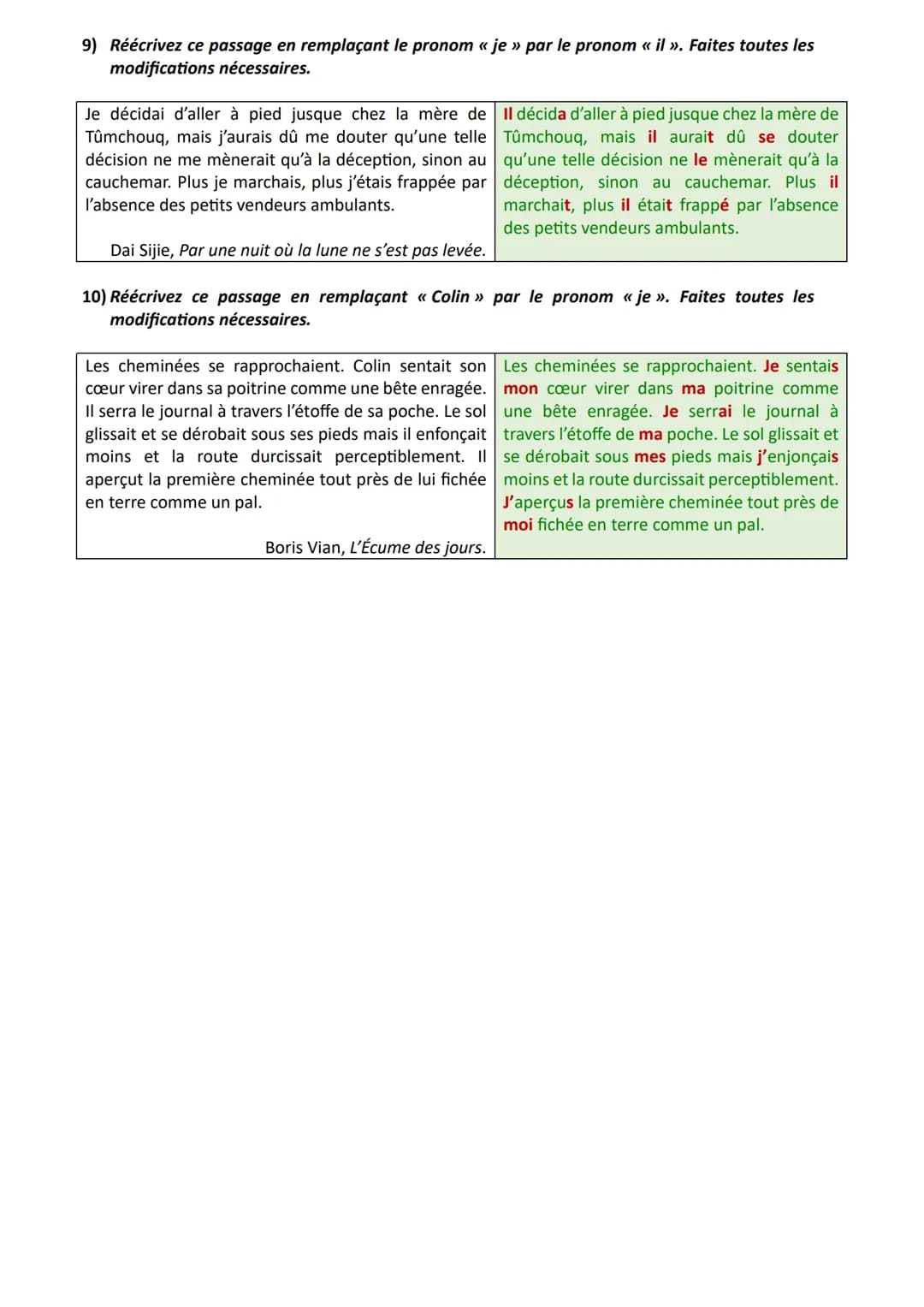 ★ Objectif brevet Réécriture : changement de personne
Exercices et corrigés
Exercices
1) Réécrivez ce passage en remplaçant le pronom «< nou