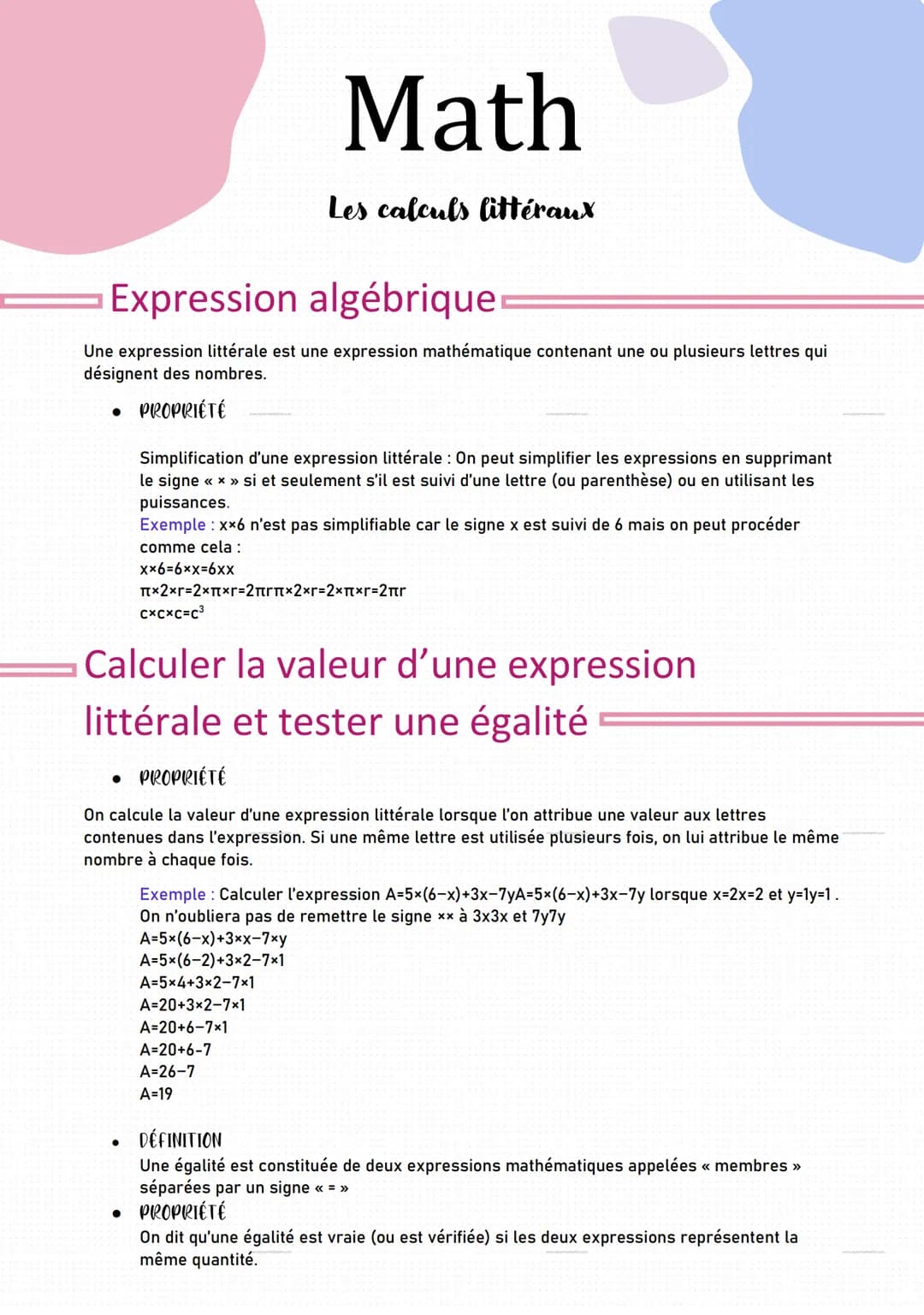 
<p>Une expression littérale est une expression mathématique contenant une ou plusieurs lettres qui désignent des nombres.</p>
<h2 id="simpl