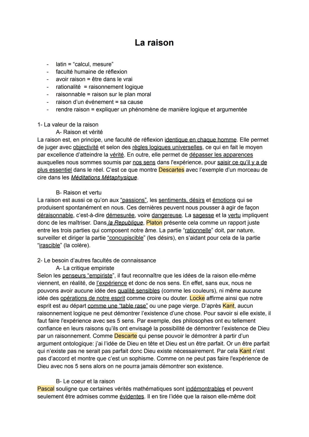 La raison
latin "calcul, mesure"
faculté humaine de réflexion
avoir raison = être dans le vrai
rationalité raisonnement logique
raisonnable 