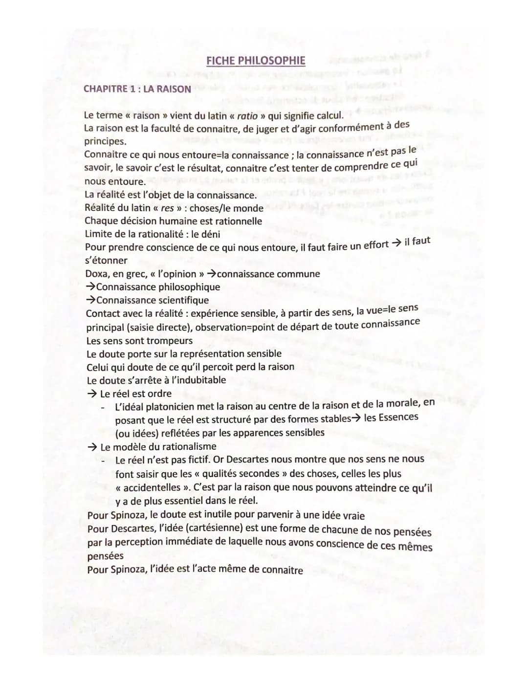 CHAPITRE 1: LA RAISON
FICHE PHILOSOPHIE
Le terme << raison » vient du latin << ratio » qui signifie calcul.
La raison est la faculté de conn
