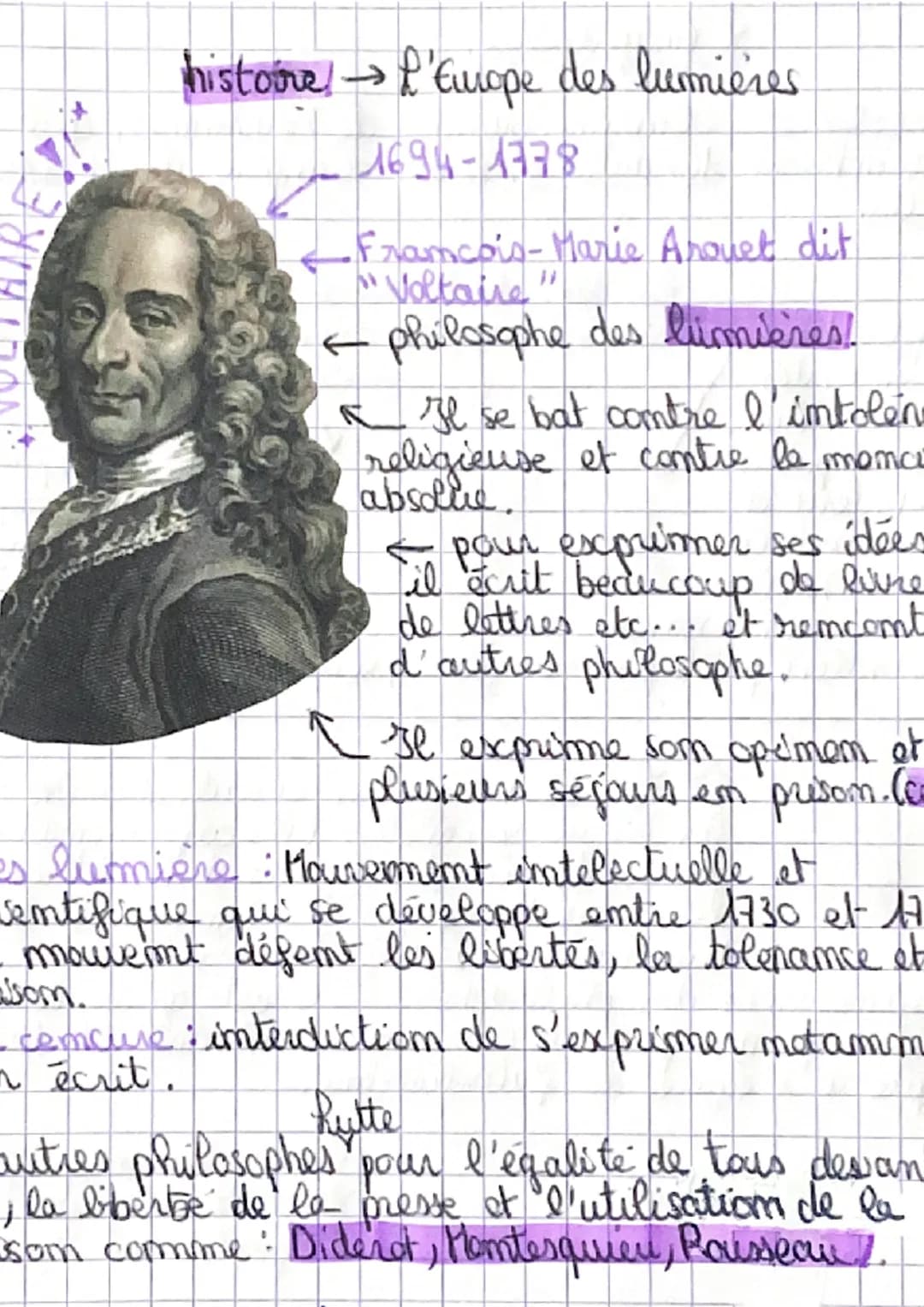 histoire! →→ L'Europe des lumières
1694-1778
L
•Francois-Marie Anquet dit
"Voltaire"
← philosophe des lumières
Il se bat contre l' intolen
r