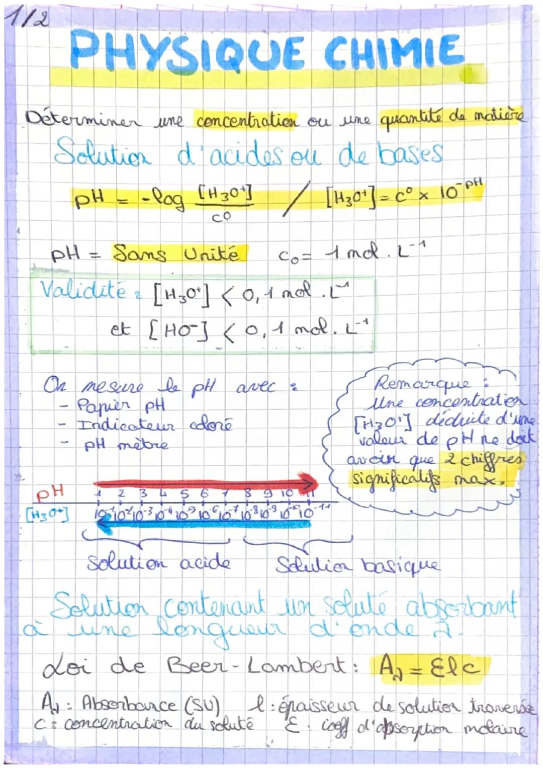 112
PHYSIQUE CHIMIE
Déterminer une concentration ou une quantité de matière
Solution d'acides ou de bases
PH
/ [H₂0+] = C° x 10 PH
-log [H3O