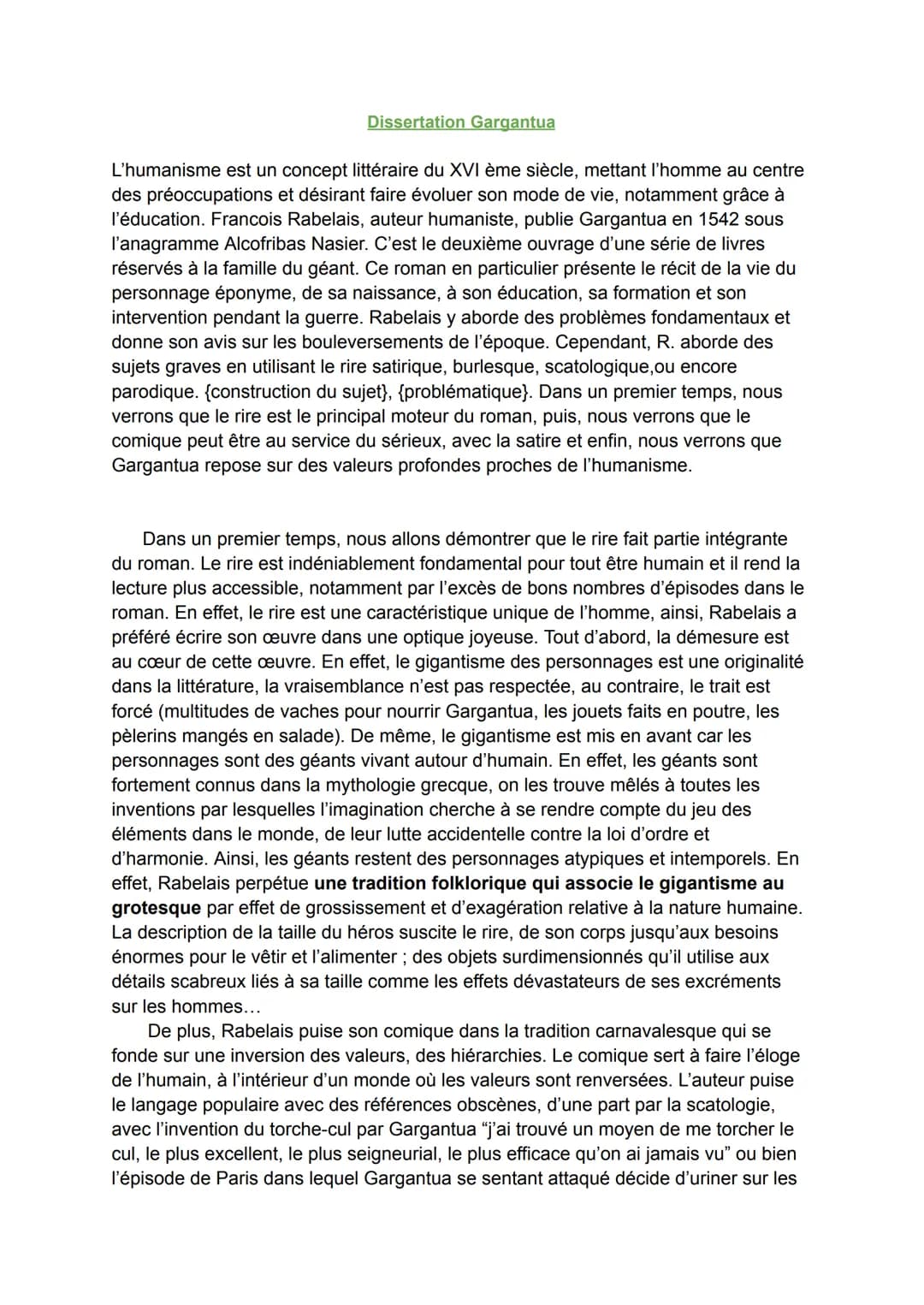 Dissertation Gargantua
L'humanisme est un concept littéraire du XVI ème siècle, mettant l'homme au centre
des préoccupations et désirant fai