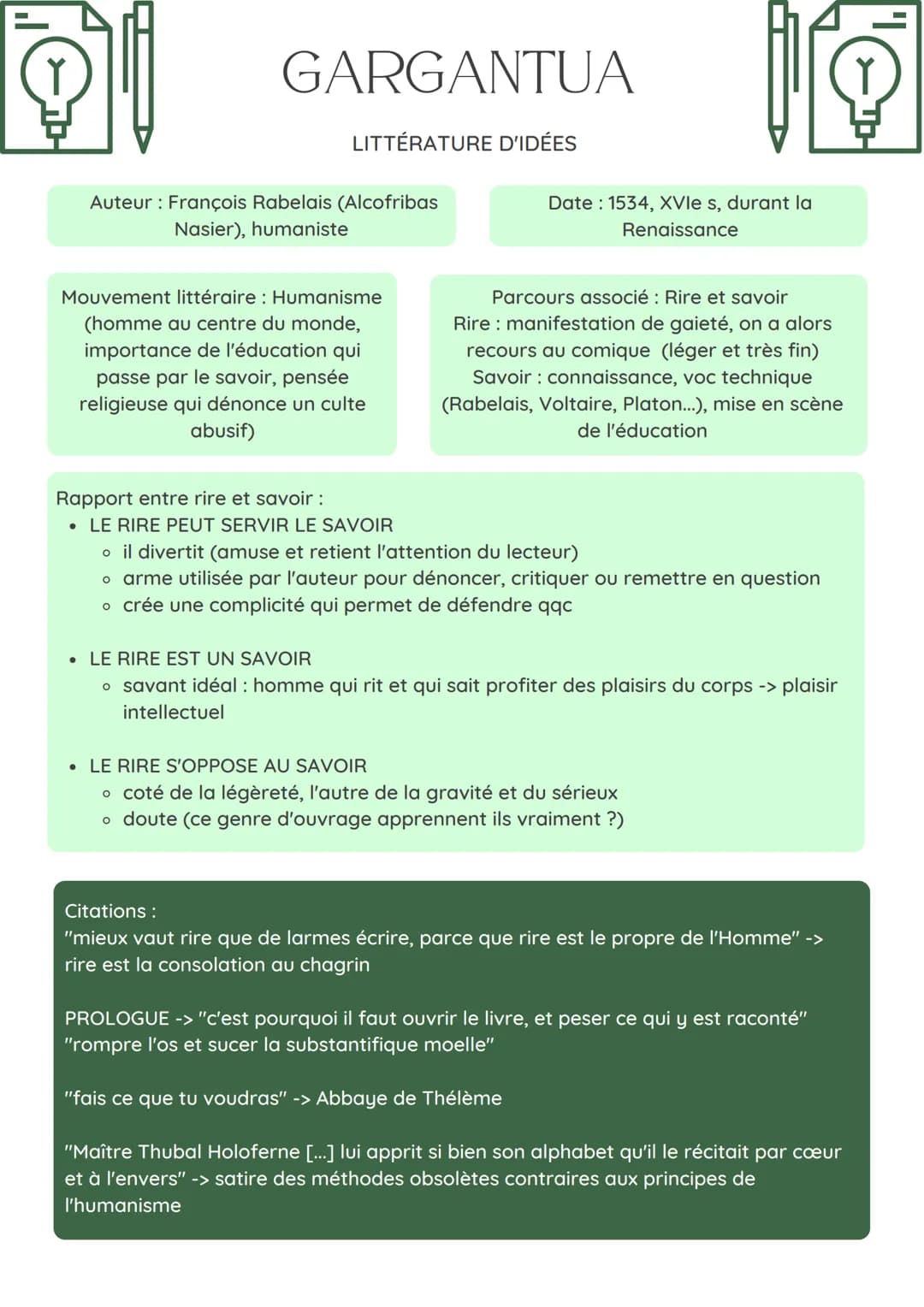 GARGANTUA
LITTÉRATURE D'IDÉES
Auteur : François Rabelais (Alcofribas
Nasier), humaniste
Mouvement littéraire : Humanisme
(homme au centre du