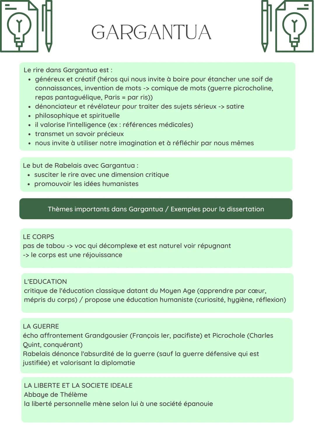 GARGANTUA
LITTÉRATURE D'IDÉES
Auteur : François Rabelais (Alcofribas
Nasier), humaniste
Mouvement littéraire : Humanisme
(homme au centre du