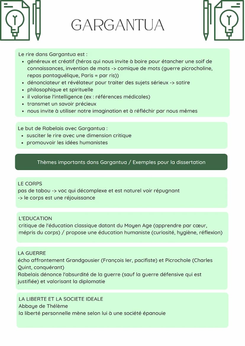 GARGANTUA
LITTÉRATURE D'IDÉES
Auteur : François Rabelais (Alcofribas
Nasier), humaniste
Mouvement littéraire : Humanisme
(homme au centre du