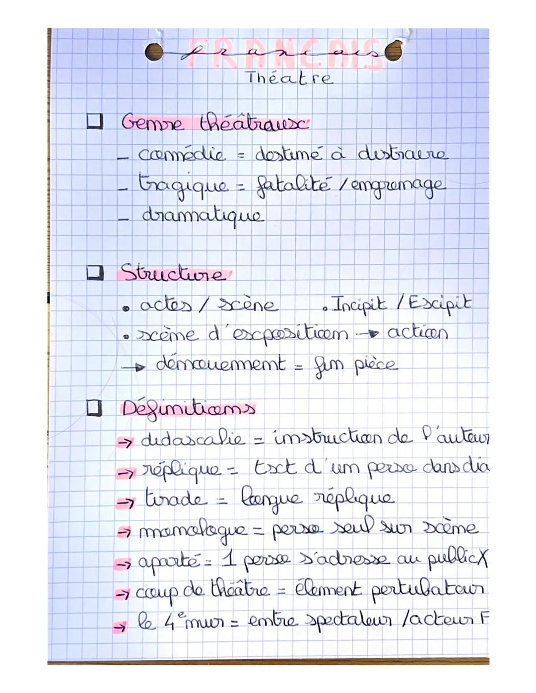 2
a
Théatre

$
Gemre theatrausc
$

- comédie destimé à destraere
- tragique = fatalité / empremage
- dramatique

$
Structure
$

- actes/scèn
