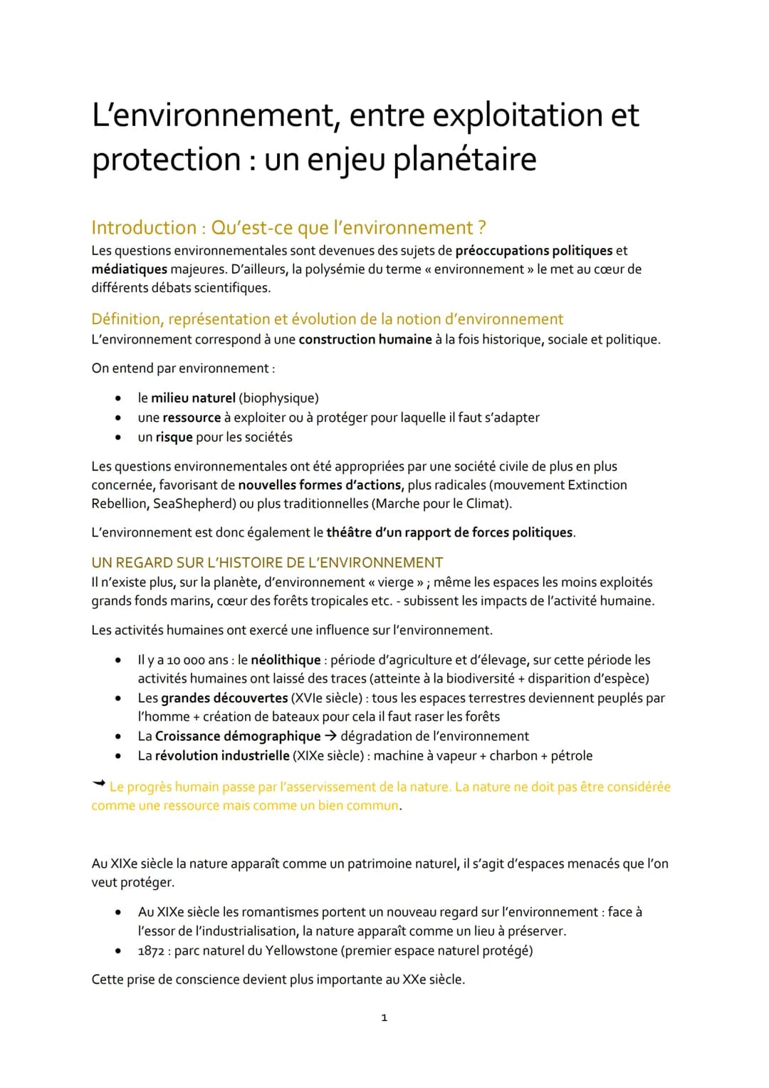 L'environnement, entre exploitation et
protection : un enjeu planétaire
Introduction : Qu'est-ce que l'environnement ?
Les questions environ