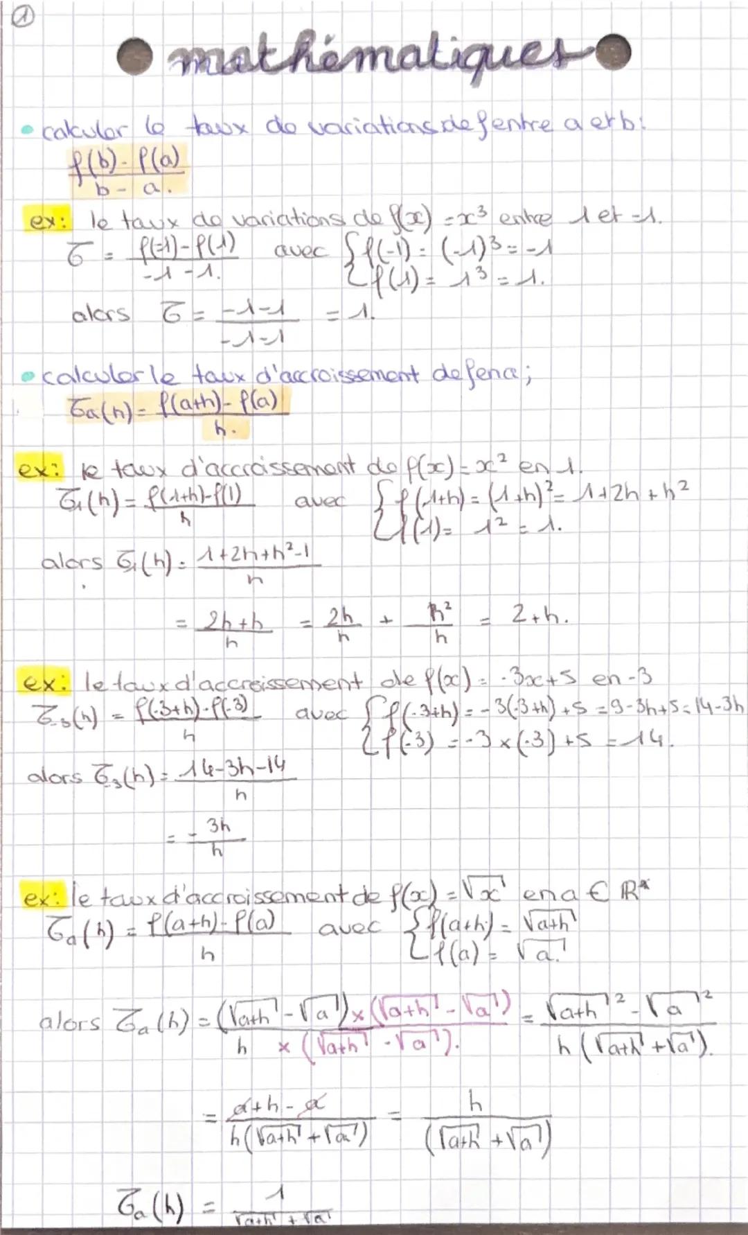 @
mathématiques
•calculer le taux de variations defentre a erb:
f(b)-P(a)
b
-
a.
ex: le taux de variations de f(x) = x³ entre let -1.
6 = ((