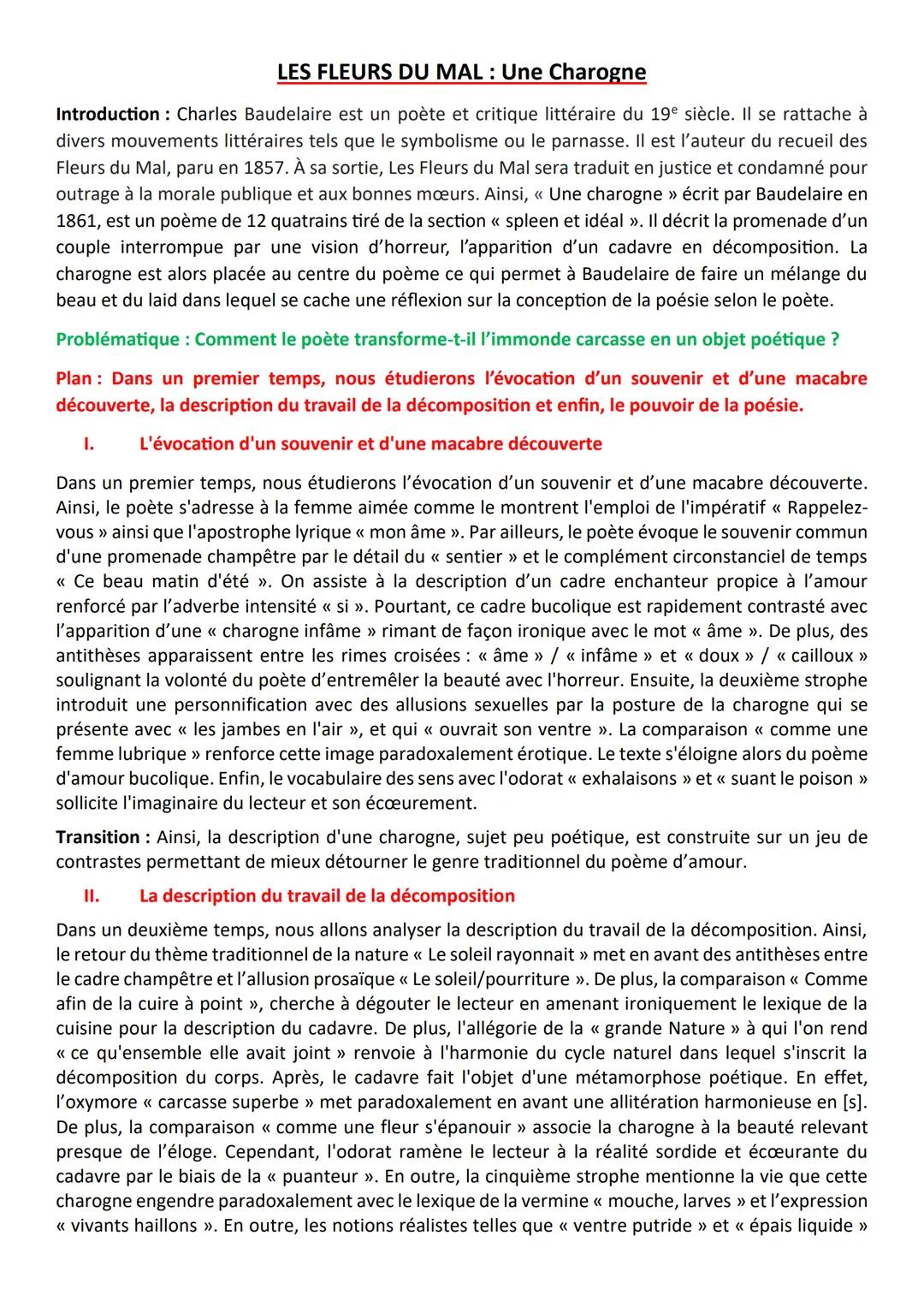 # LES FLEURS DU MAL: Une Charogne

Introduction: Charles Baudelaire est un poète et critique littéraire du 19º siècle. Il se rattache à
dive