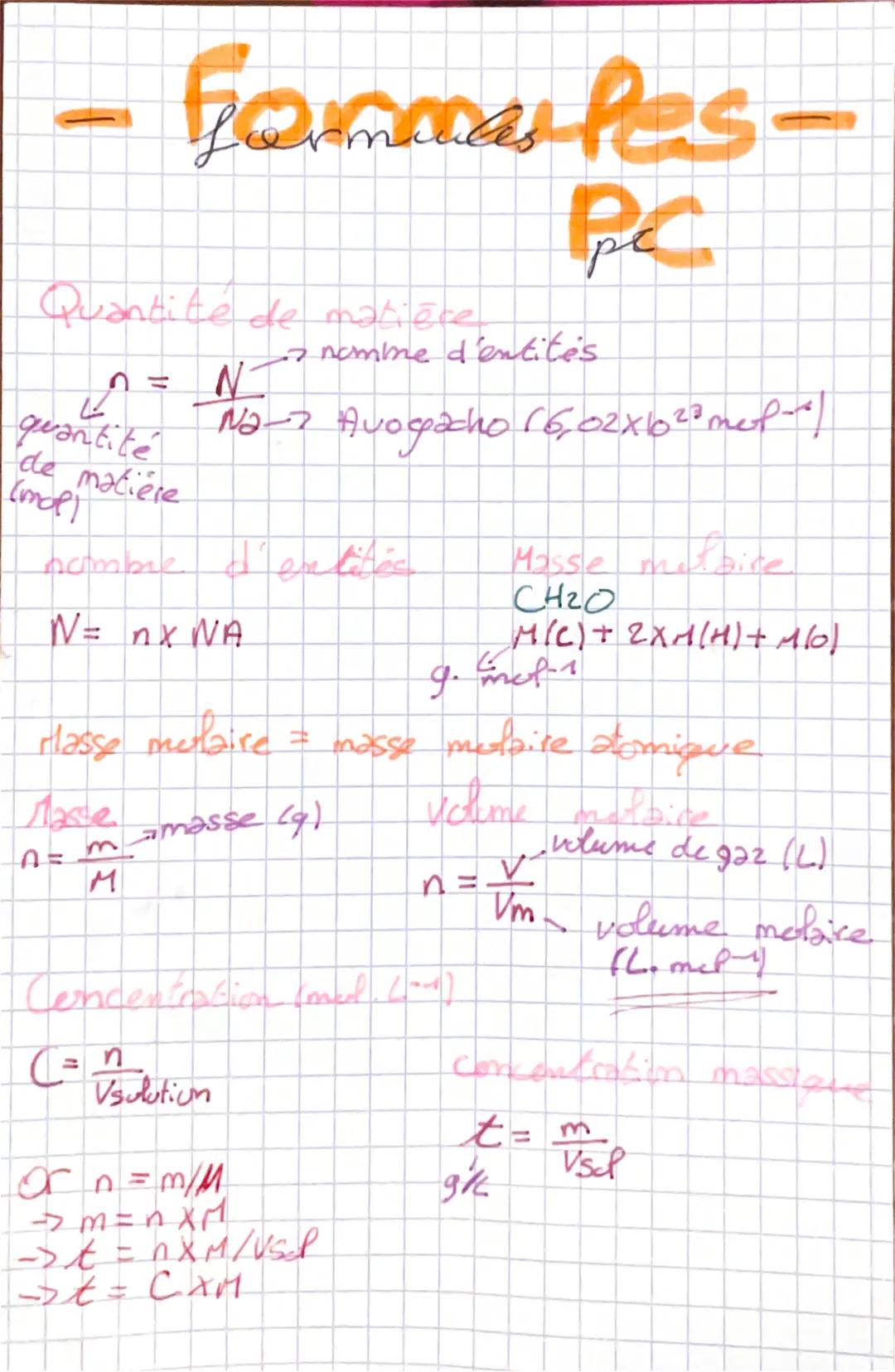 - Frammar-les-

Quantité de matière

=

quantité
de
mop matiere

N
PC

nomme d'entités
Na-7 Avogacho 16,02x1020 mef-0

nombre d'entitéc

N= 