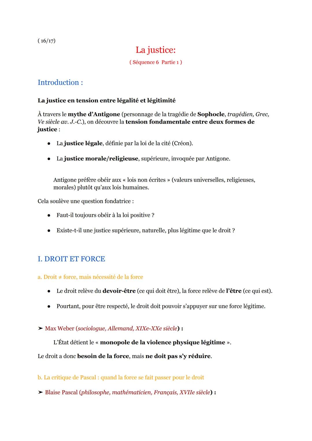 (16/17)

Introduction:

La justice:
(Séquence 6 Partie 1)

La justice en tension entre légalité et légitimité
À travers le mythe d'Antigone 