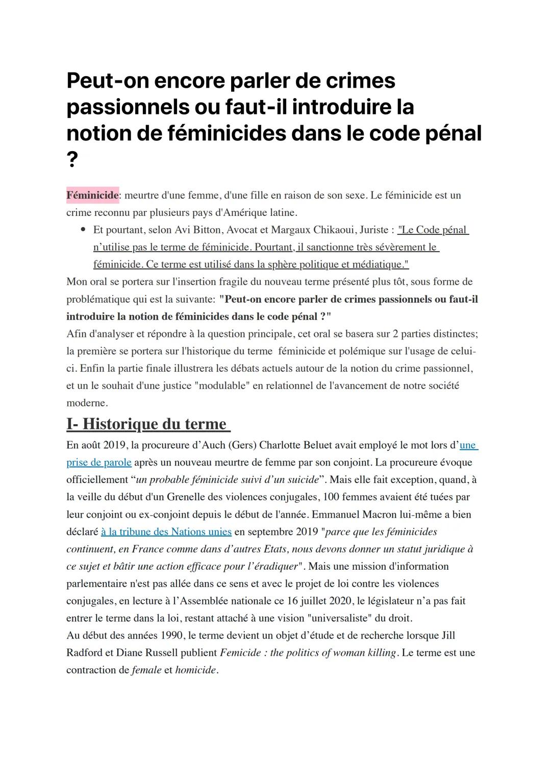 # Peut-on encore parler de crimes
passionnels ou faut-il introduire la
notion de féminicides dans le code pénal
?

Féminicide: meurtre d'une